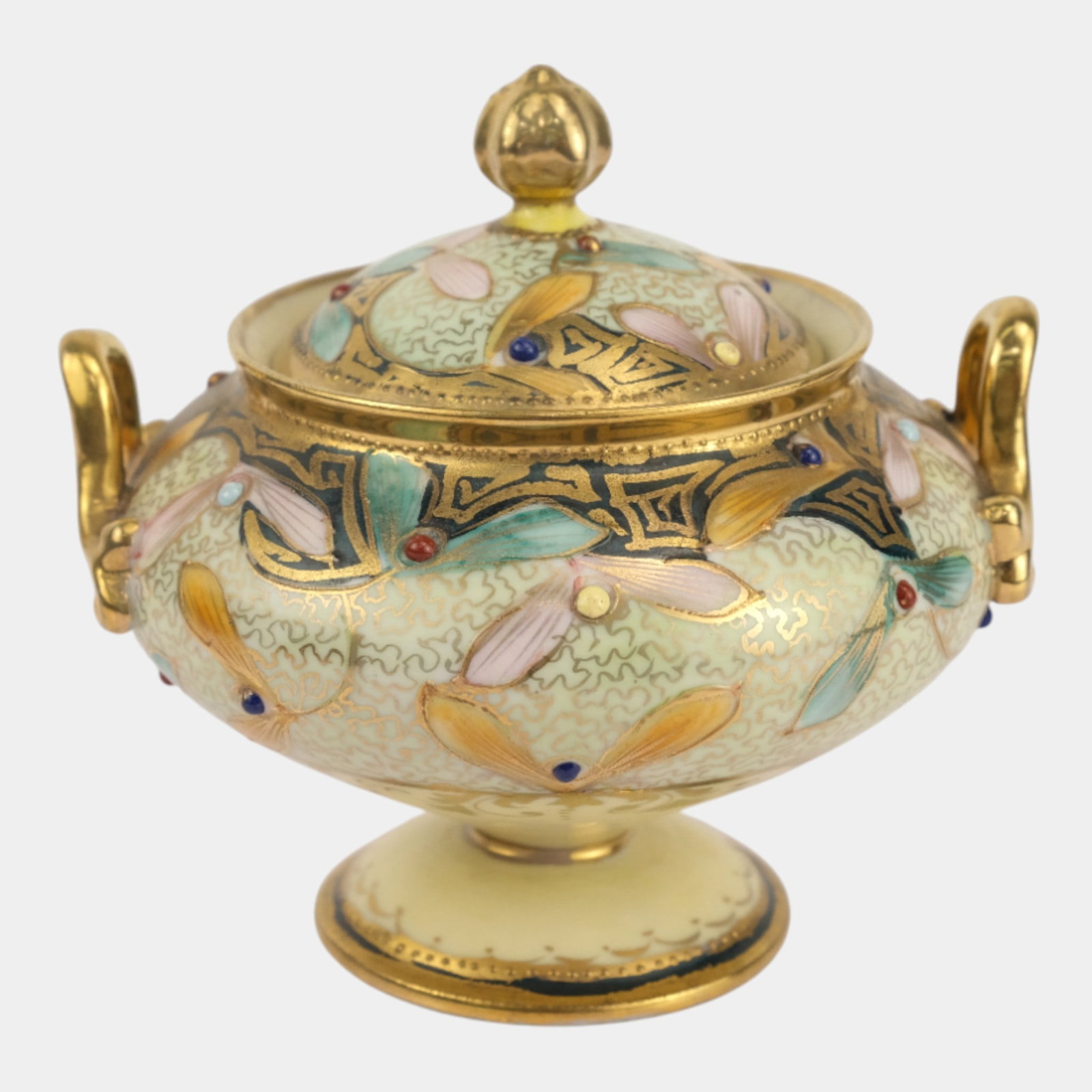 Art Deco Hand Painted Floral Design Lidded Sugar Bowl Gold Gilt Handles Finial: We offer affordable in-house shipping on all items. Art Deco Hand Painted Floral Design Lidded Sugar Bowl Gold Gilt Handles Finial Excellent condition. Age related wear. Jar is 4 3/4" tall and 5 1/4" 