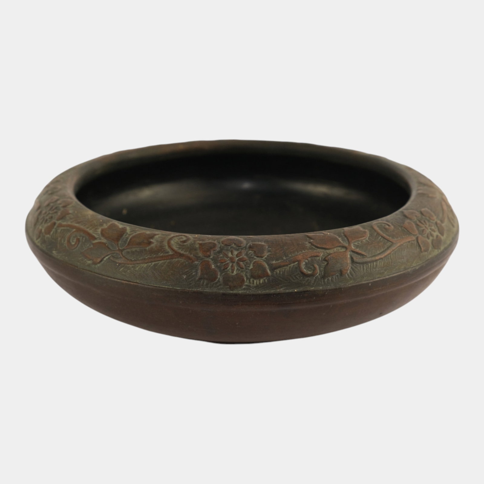 Japanese Art Pottery Low Ikebana Bowl with Floral Relief Design Rim (1 of 3)