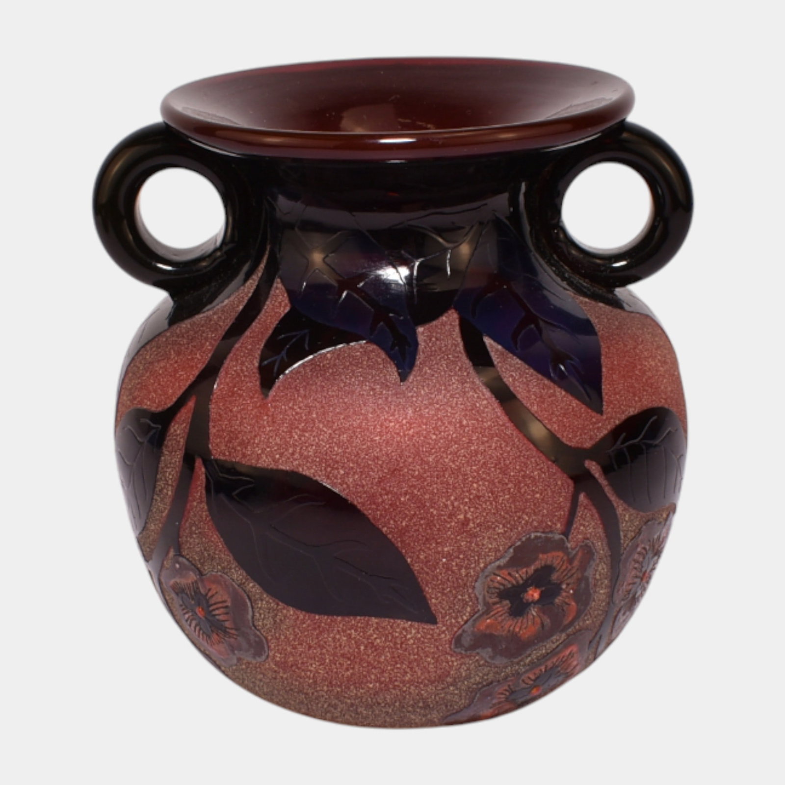 Studio Art Glass 1993 Signed AP Red Cameo Cut Glass Double Handled Vase: We offer affordable in-house shipping on all items. Studio Art Glass 1993 Signed AP Red Cameo Cut Glass Double Handled Vase Excellent condition. Bottom marked as shown. Vase is 4 1/4" tall and 4 1/4" 