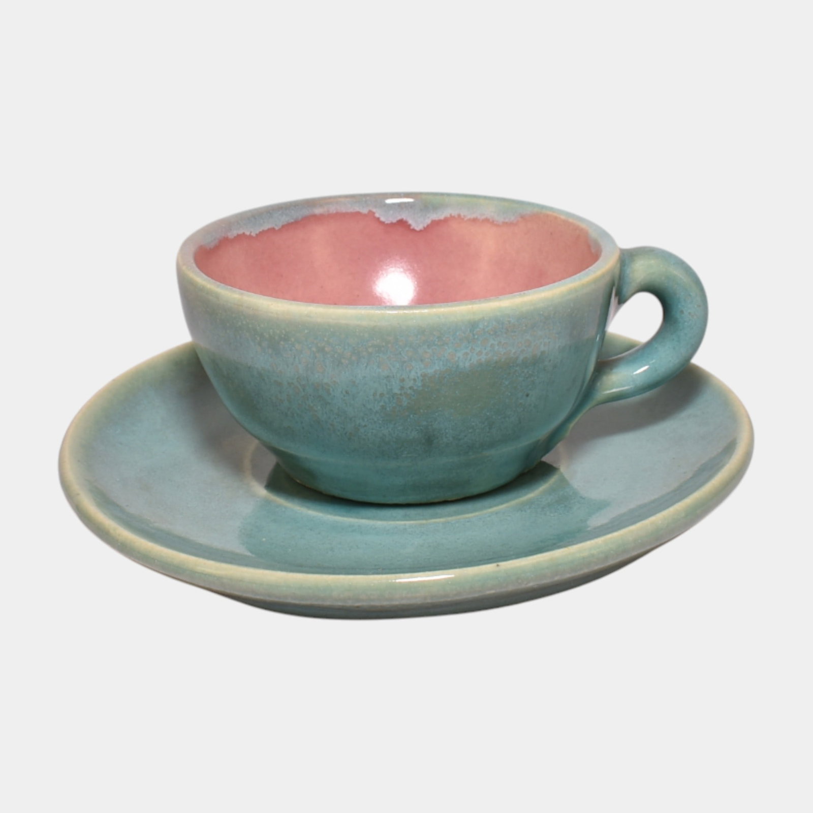 Pisgah Forest Art Pottery Pink And Mottled Teal Mid Century Cup And Saucer (1 of 3)
