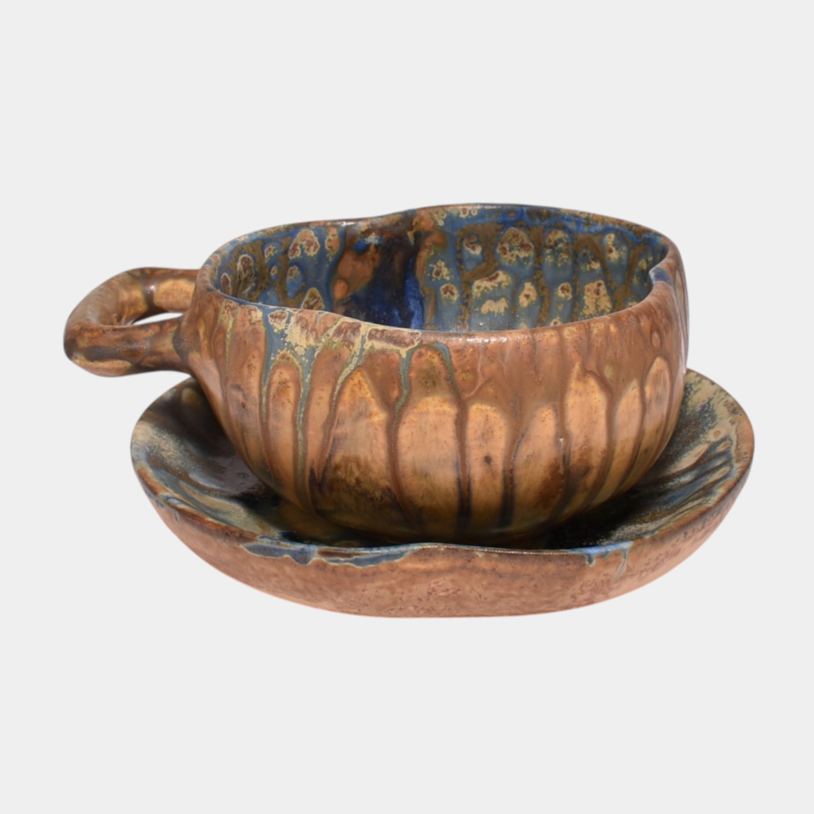 Gilbert Metenier French Art Nouveau Blue Brown Drip Glaze Pottery Cup And Saucer (1 of 3)
