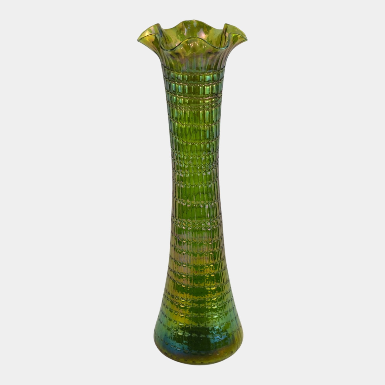 Bohemian Art Nouveau Green Textured Iridized Art Glass 15" Tall Ruffled Rim Vase (1 of 3)