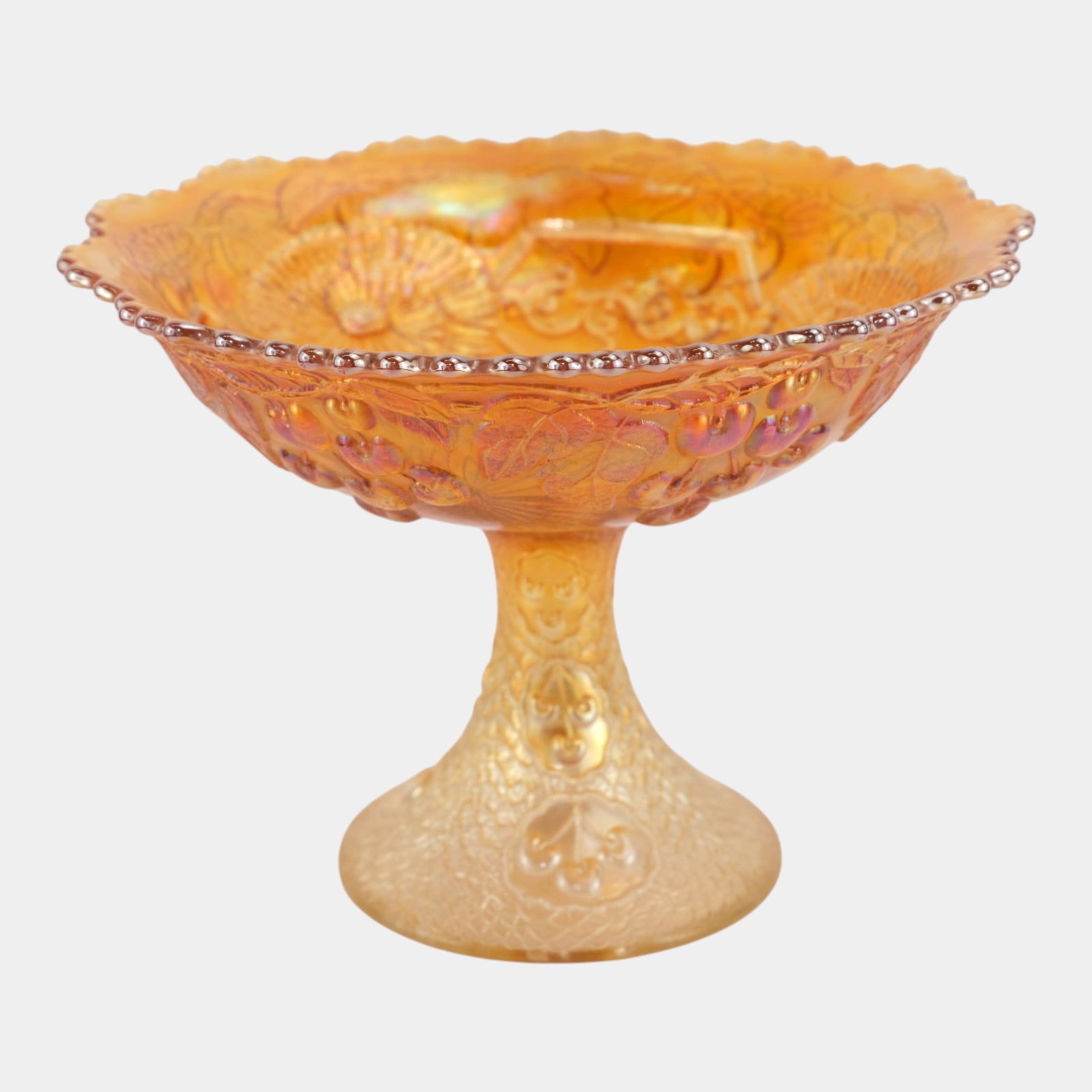 Fenton Marigold Carnival Glass Scalloped Rim Pedestal Compote Bowl Mikado: We offer affordable in-house shipping on all items. Fenton Marigold Carnival Glass Scalloped Rim Pedestal Compote Bowl Mikado Excellent condition. Age related wear. Pedestal bowl is 7 1/2" tall and 10