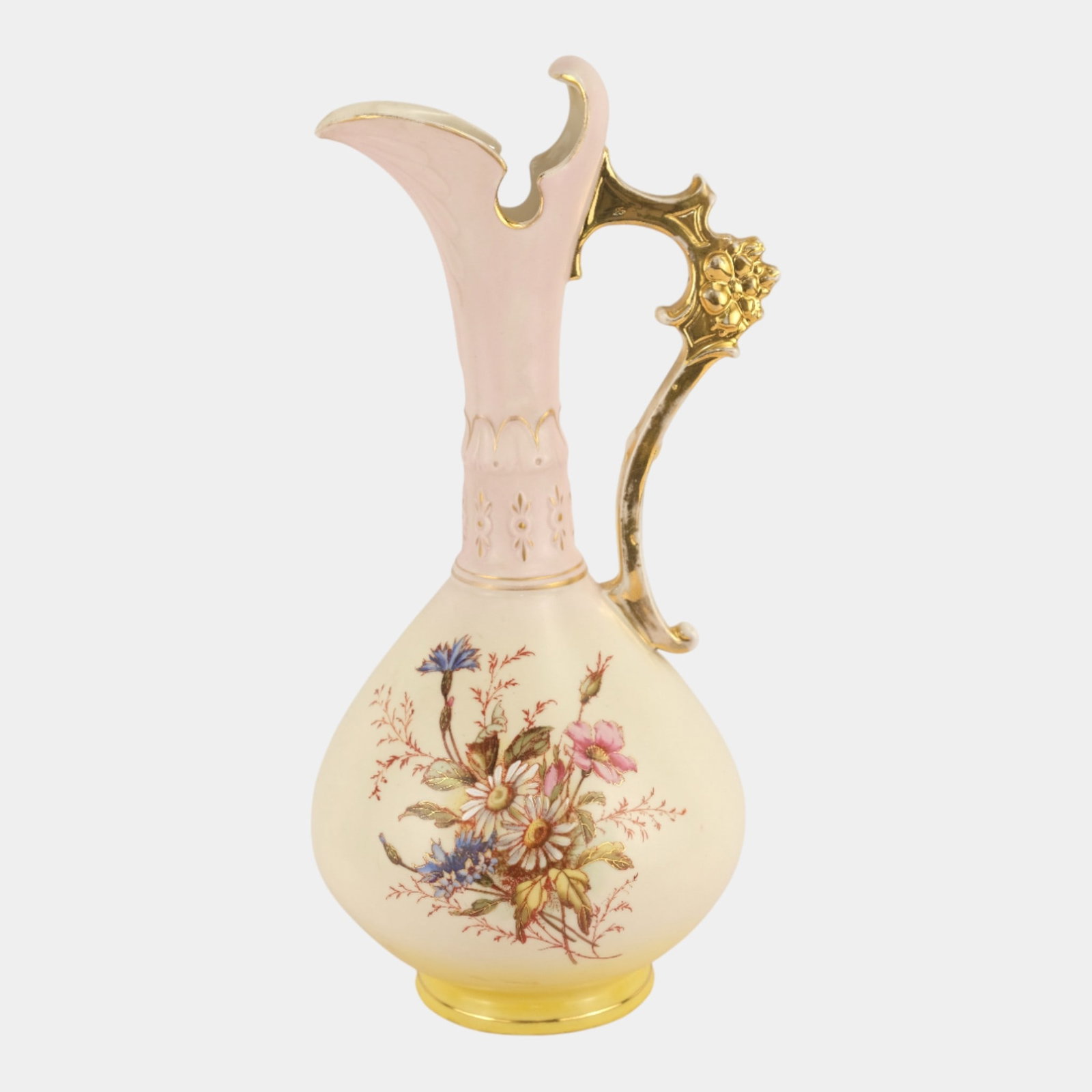 European Vintage Pink Yellow Porcelain Floral Decorative Ewer Gold Gilt Handle: We offer affordable in-house shipping on all items. European Vintage Pink Yellow Porcelain Floral Decorative Ewer Gold Gilt Handle Excellent condition. Age related wear. Bottom marked as shown. Vase i