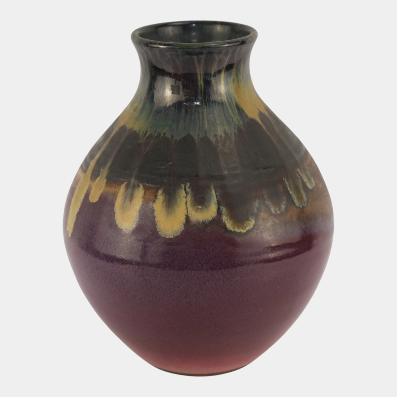 Ruth Stein Studio Art Pottery Mid Century Black Purple Drip Glaze Bulbous Vase: We offer affordable in-house shipping on all items. Ruth Stein Studio Art Pottery Mid Century Black Purple Drip Glaze Bulbous Vase Excellent condition. Age related wear. Bottom marked as shown. Vase i