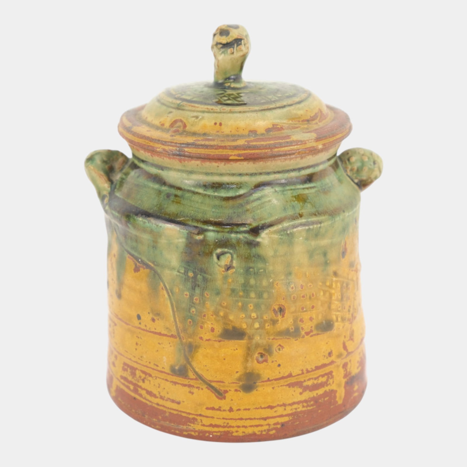 John Glick (1938-2017) Plum Tree Pottery Green Yellow Handled Finial Lidded Jar (1 of 5)