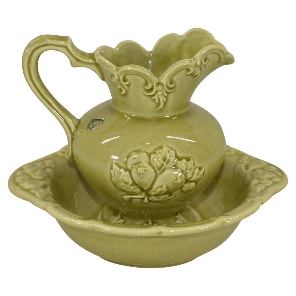 Camark 1950s Vintage Pottery Green Ceramic Pitcher And Wash Basin: We offer affordable in-house shipping on all items. Camark 1950s Vintage Pottery Green Ceramic Pitcher And Wash Basin Very cute pitcher and wash basin reminiscent of the Victorian era. Excellent origi