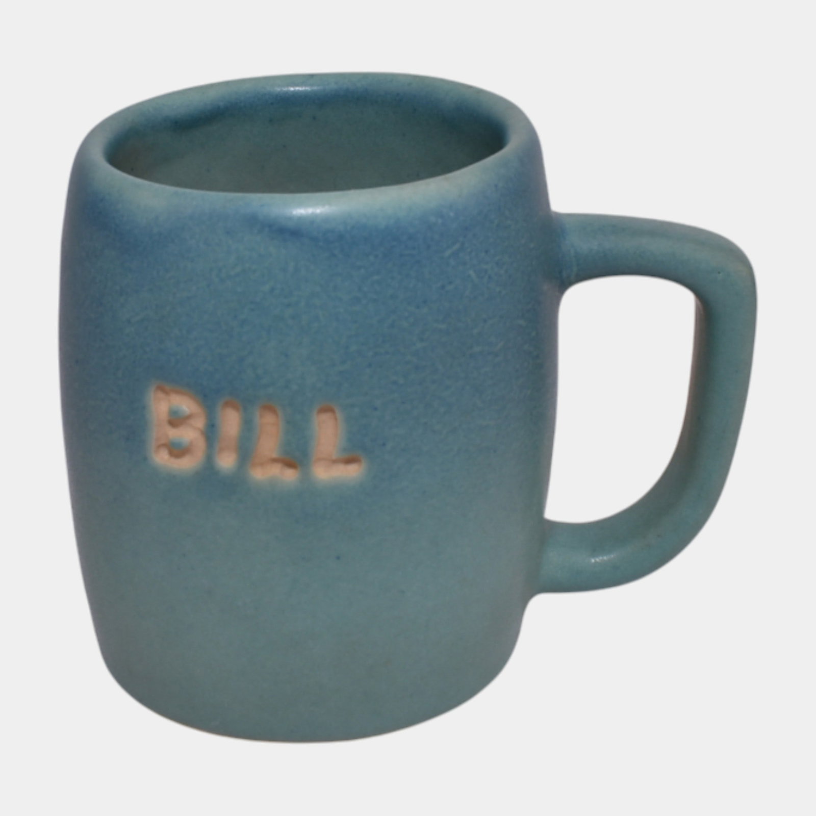 Van Briggle Art Pottery Matte Blue Personalized Bill Handled Mug (1 of 6)