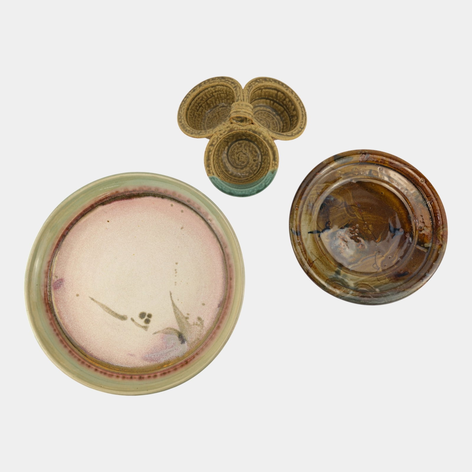 John Glick Brown Plate, Michael Crumb Green Charger, Fitzgerald Pottery Bowl (1 of 4)