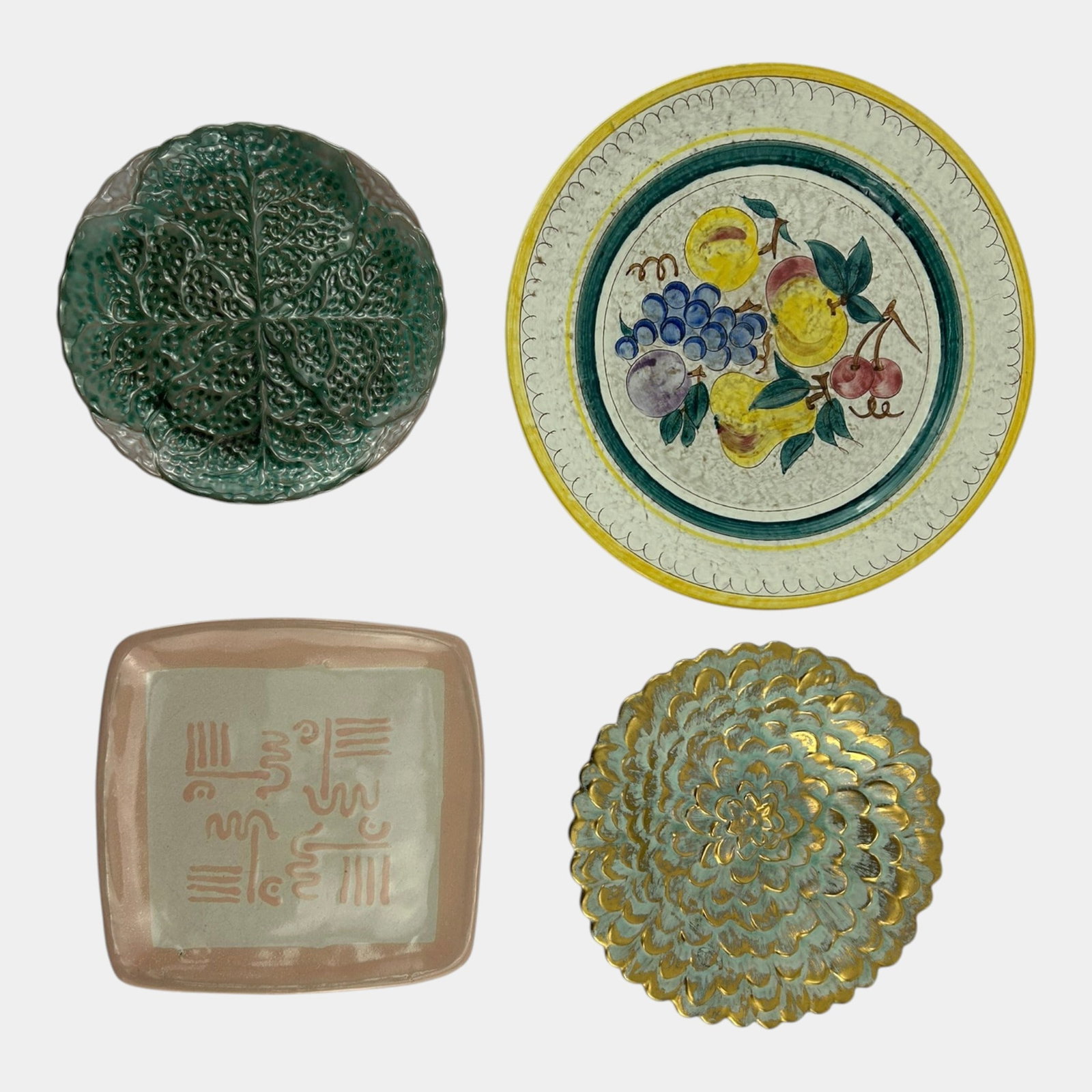 Glidden Pottery 31 Aztec Plate, Stangl Mid Century Plates, & Green Majolica Cabbage Leaf Dish (1 of 8)