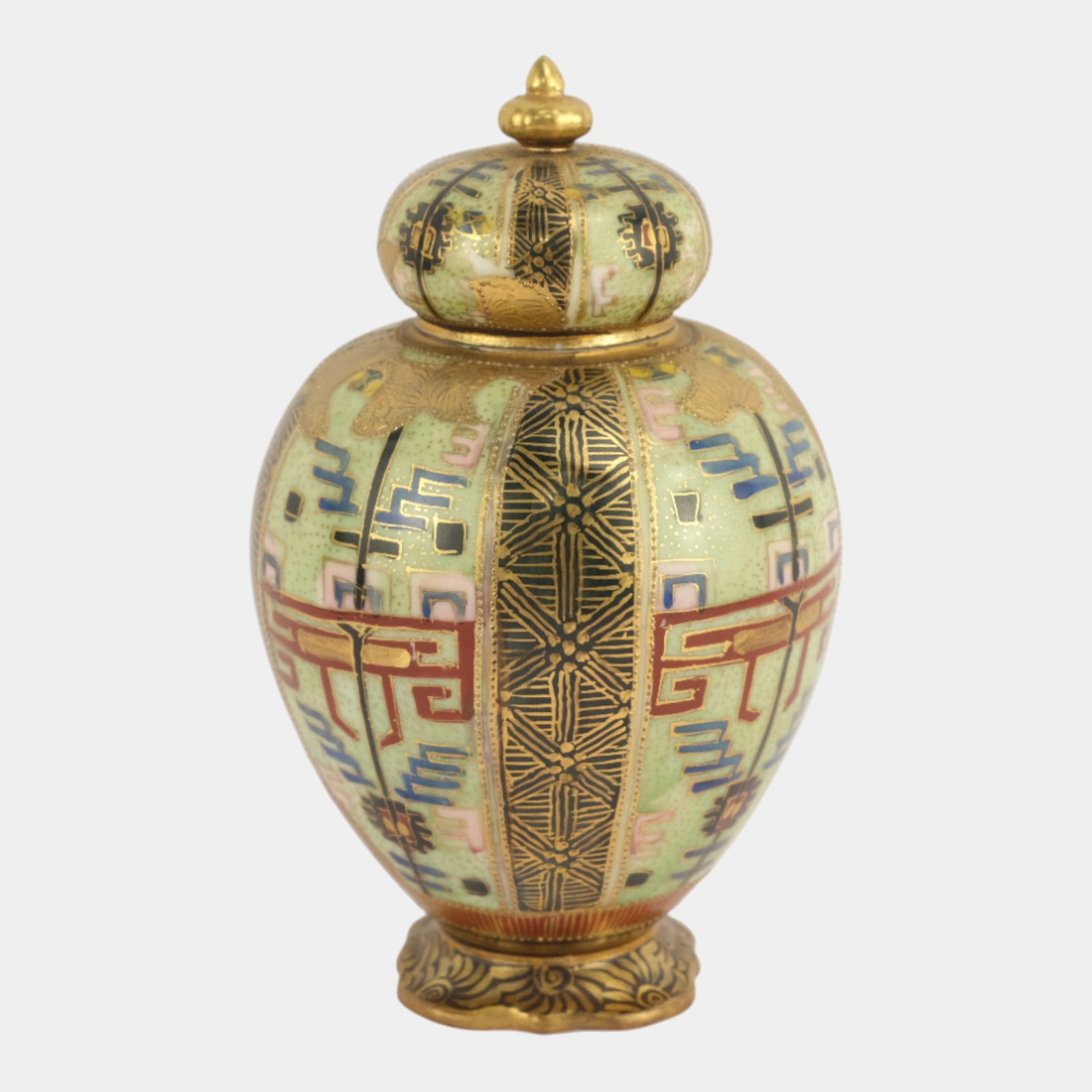 Oriental Nippon China Japanese Vintage Hand Painted Geometric Green Vase (1 of 4)