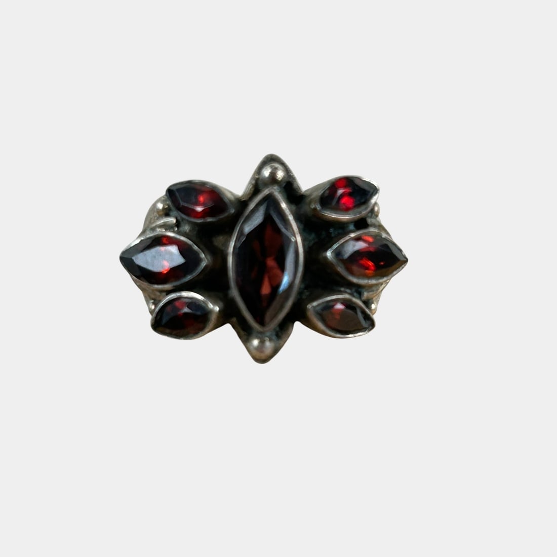 Victorian Revival Styling Sterling Silver Marquise Deep Red Garnet Ring Size 8.5: We offer affordable in-house shipping on all items. Bold and richly hued, this sterling silver ring features a marquise garnet framed by fiery pear-cut accents, arranged in an ornate cluster that echo