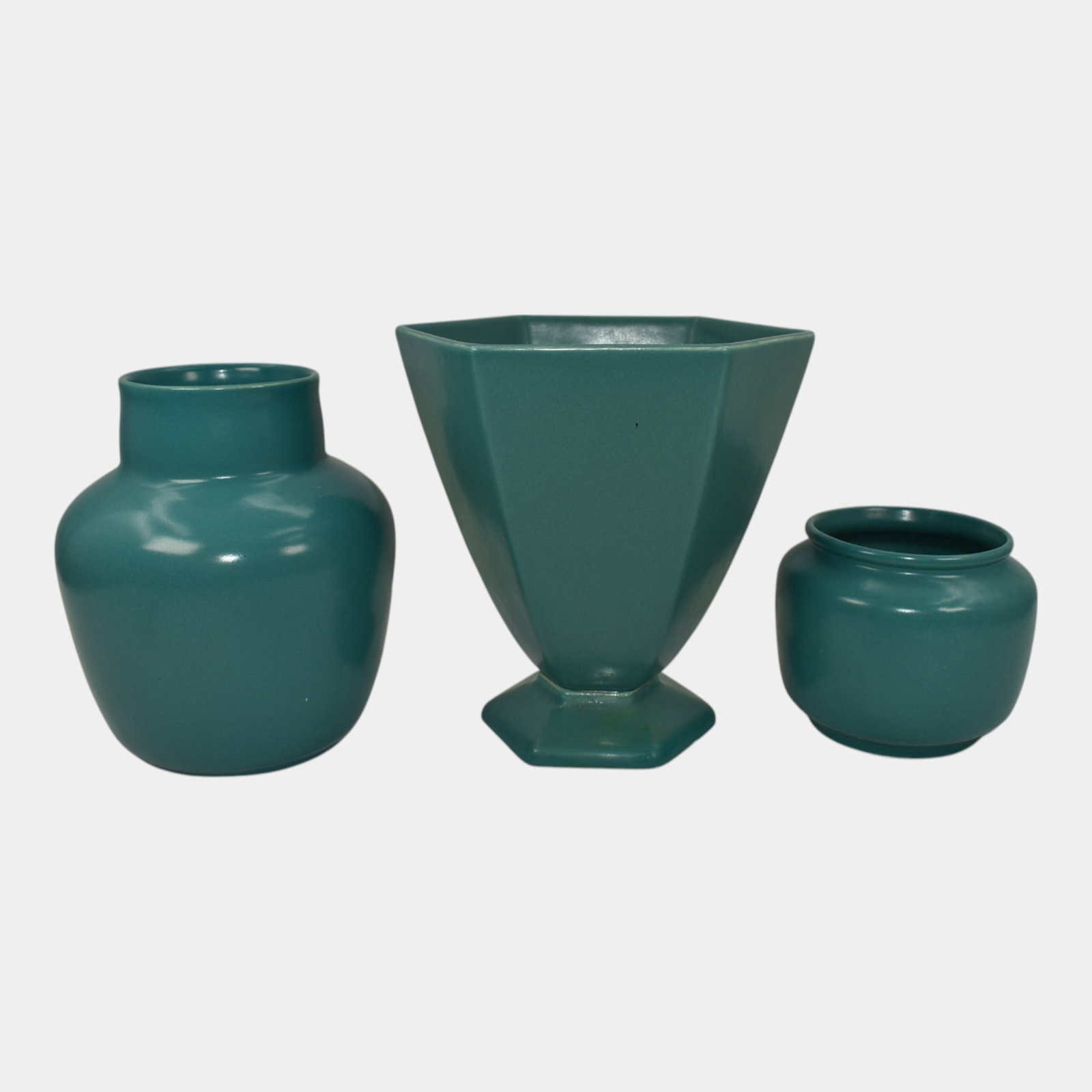 Cowan Ohio Art Pottery 1930s Lakeware Blue Various Form Vases: We offer affordable in-house shipping on all items. Three Cowan Lakeware Vases Excellent condition. Non-showing base nick to tallest vase. Bottoms marked as shown. Largest vase is 6" tall and 6" wide.