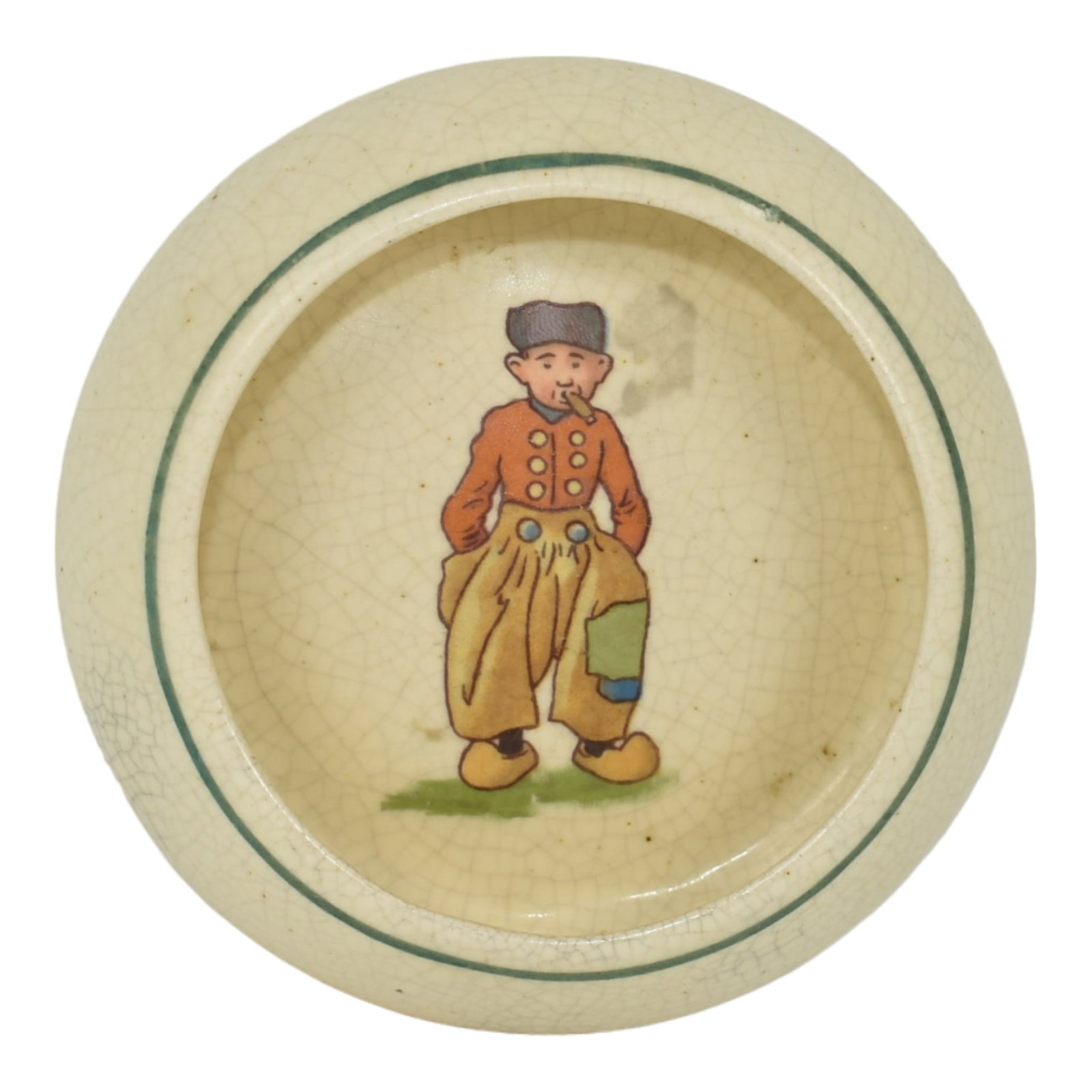 Roseville Creamware Dutch 1900s Vintage Art Pottery Man Smoking Ceramic Low Bowl (1 of 6)
