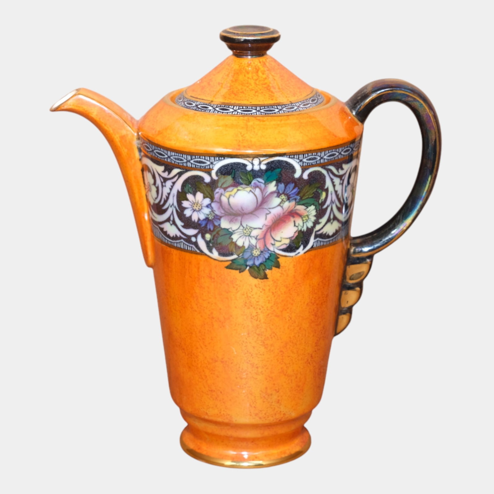 Newhall Boumier Ware English Art Pottery Orange Floral Lustre Lidded Pitcher (1 of 6)