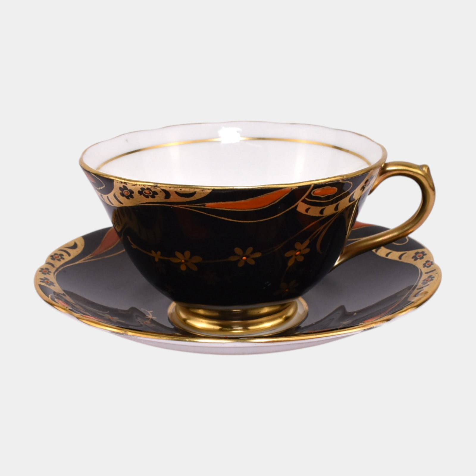 Collingwoods Vintage English Bone China Black Gold Gilt Floral Cup & Saucer: We offer affordable in-house shipping on all items. Collingwoods Vintage English Bone China Black Gold Gilt Floral Cup & Saucer Luxuriously bold and dramatically styled, this Collingwoods teacup and s