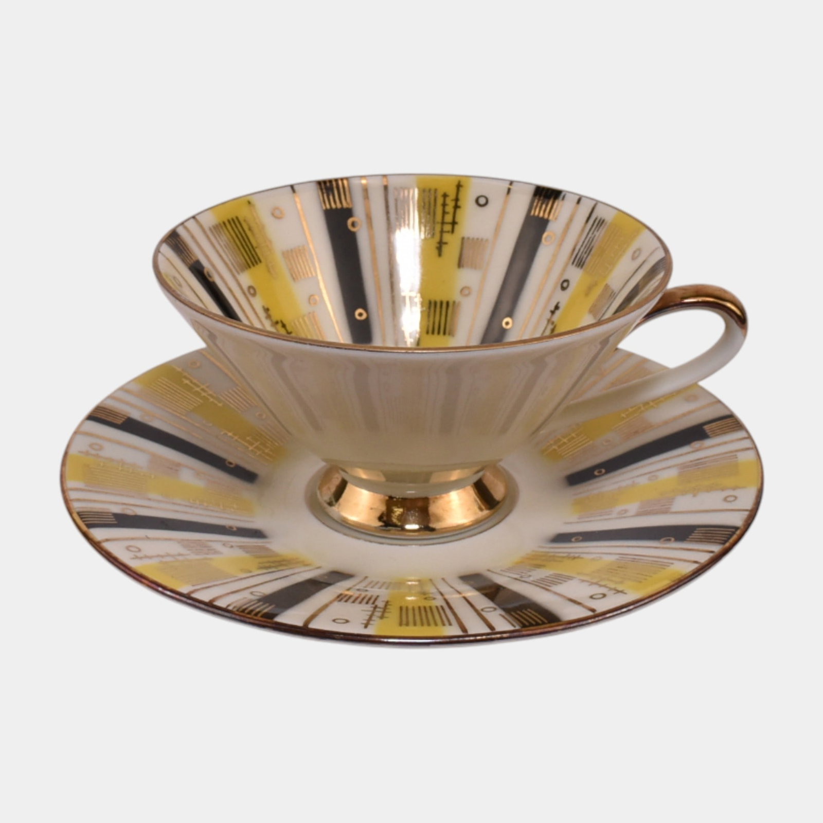 Zeh Scherzer German Bavarian Porcelain Mid Century Modern Gold Cup & Saucer: We offer affordable in-house shipping on all items. Zeh Scherzer German Bavarian Porcelain Mid Century Modern Gold Cup & Saucer Boldly modern and strikingly geometric, this Zeh Scherzer teacup and sau