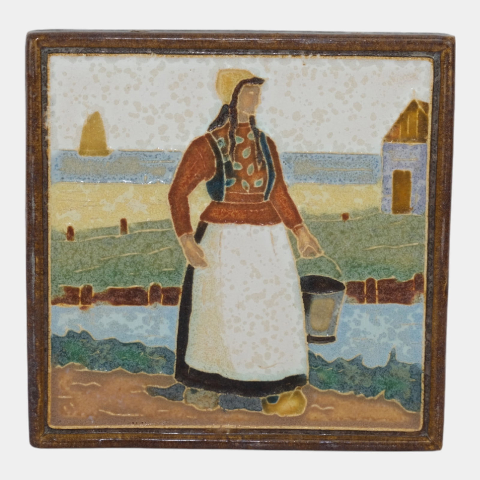 Delft De Porceleyne Fles Holland Art Pottery Shoreline Maiden with Pail Tile (1 of 3)