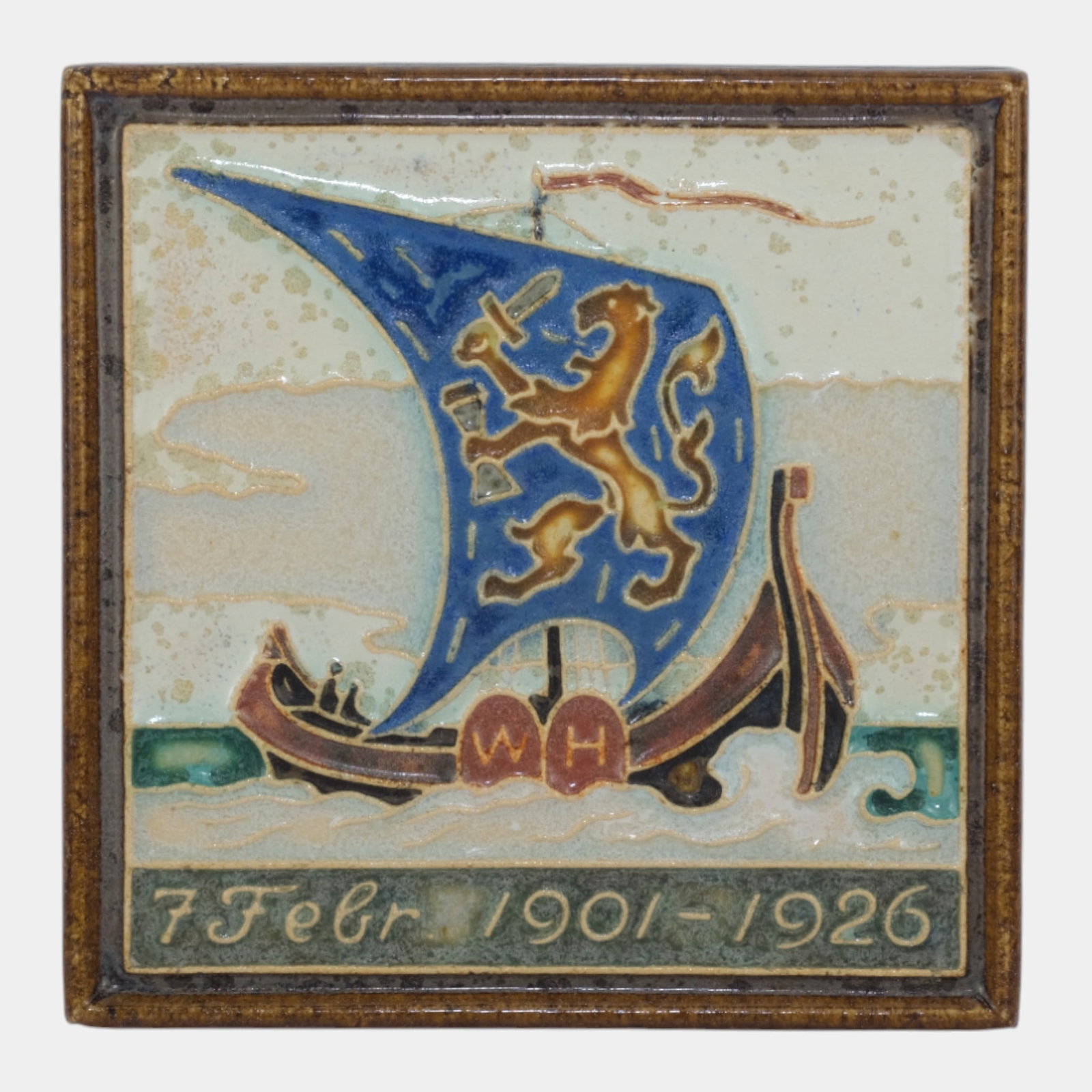 Delft De Porceleyne Fes Holland 1926 Commemorative Cloisonne Viking Ship Tile (1 of 3)