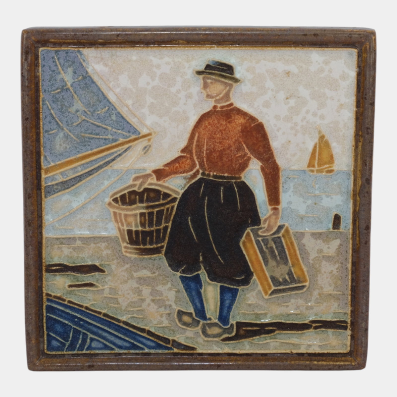 Delft De Porceleyne Fles Holland Fisherman Loading Boat Harbor Ceramic Tile (1 of 3)