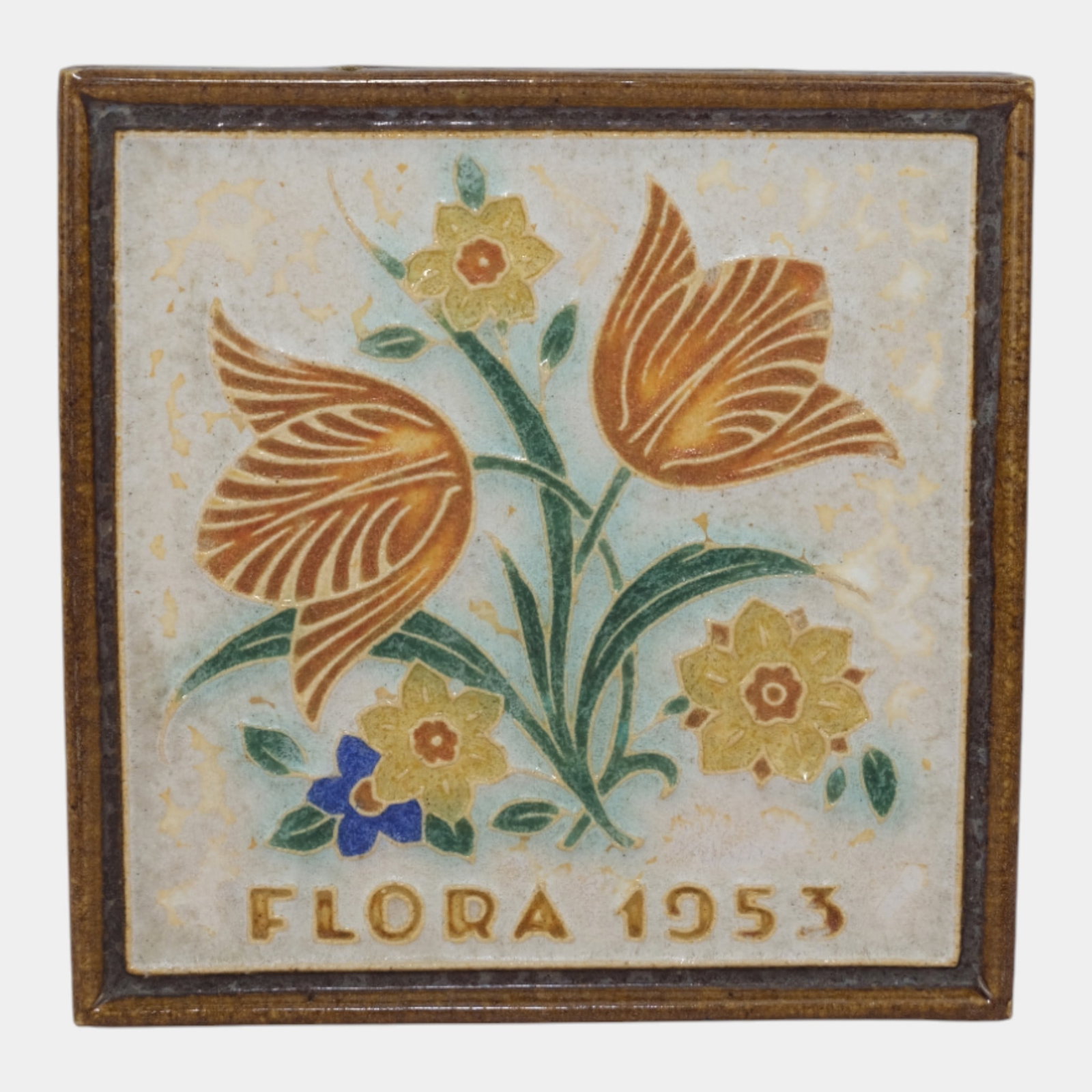 Delft De Porceleyne Fles Holland Mid Century Modern 1953 Orange Floral Tile (1 of 3)