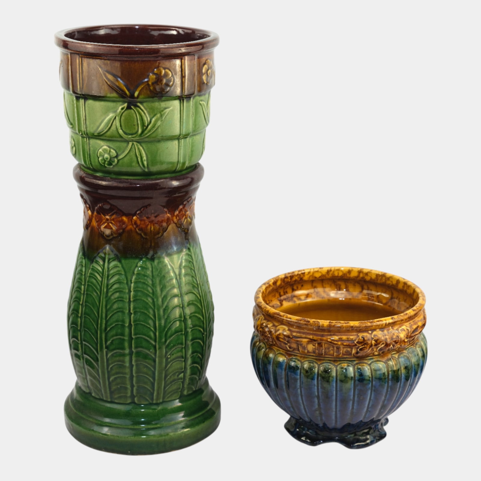 Robinson Ransbottom Pottery Brown Green Majolica Pedestal & Majolica Jardiniere (1 of 7)