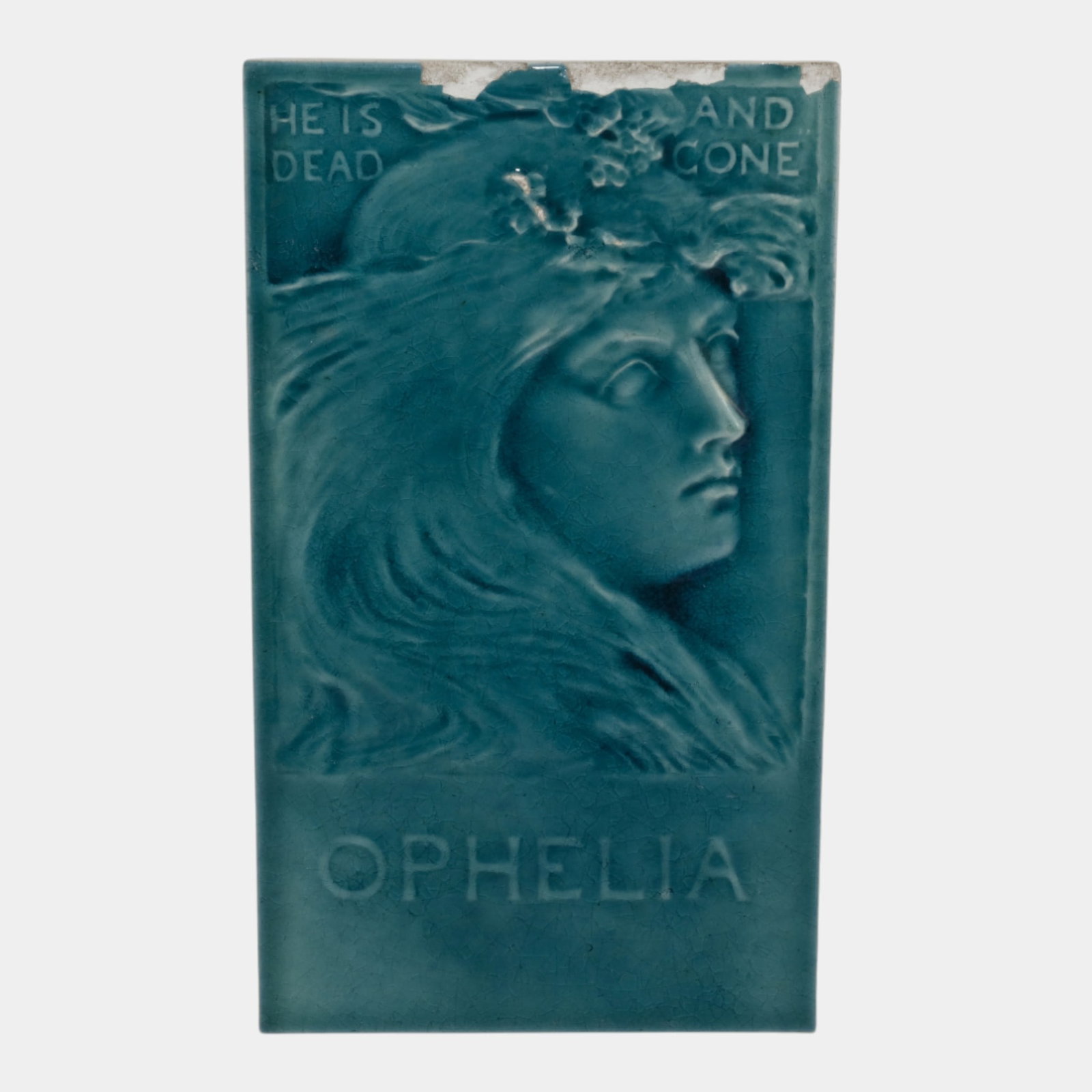 JG And JF Low Art Tile Works 1880s Blue Majolica Ophelia Portrait Ceramic Tile: We offer affordable in-house shipping on all items. JG And JF Low Art Tile Works 1880s Blue Majolica Ophelia Portrait Ceramic Tile Top edge of tile has chips as shown. Tile is 8 1/4" by 5".