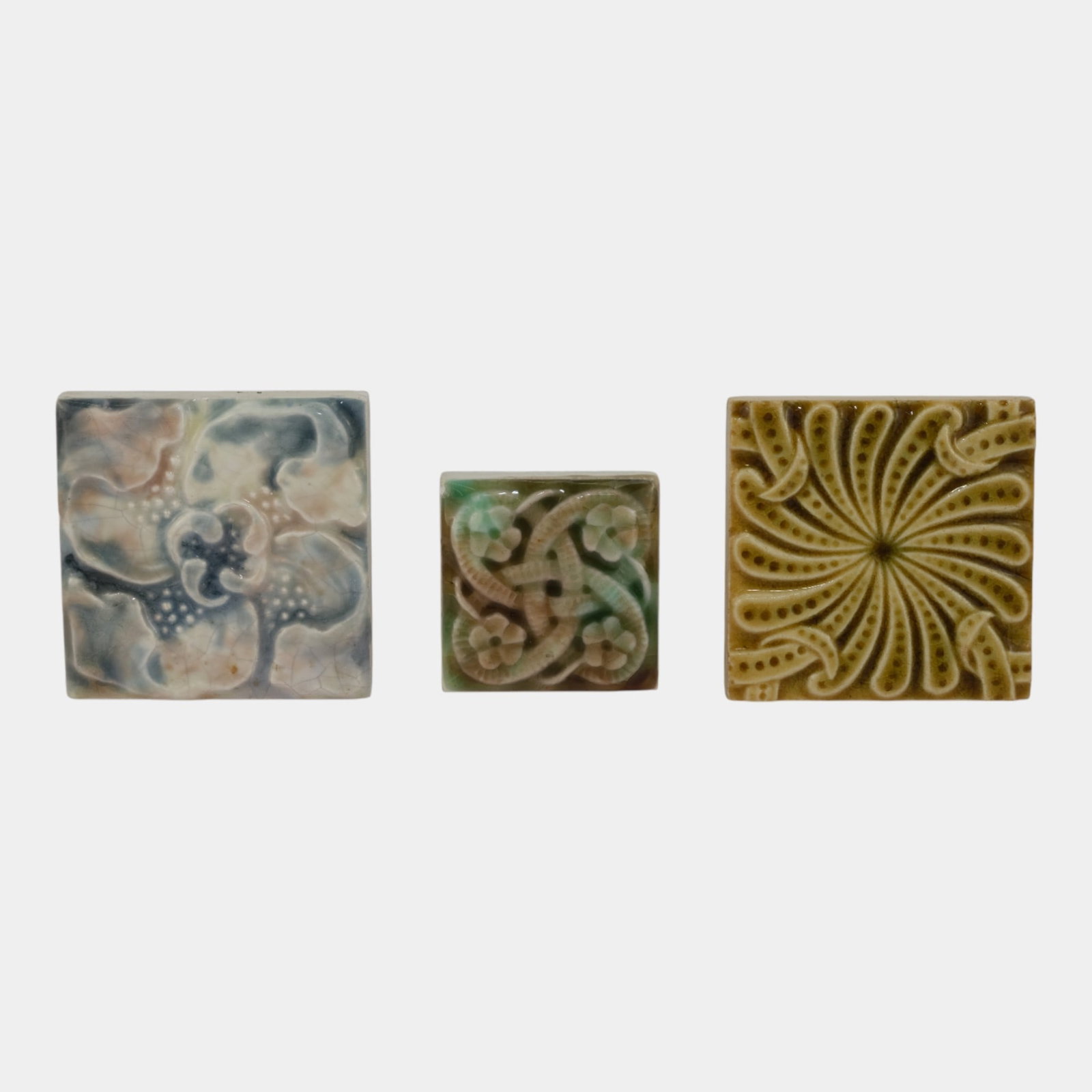 Providential Tile Works Late 19th Century Assorted Floral Majolica Pottery Tiles: We offer affordable in-house shipping on all items. Providential Tile Works Late 19th Century Assorted Floral Majolica Pottery Tiles Excellent condition. Age related wear. One marked Providential Tile