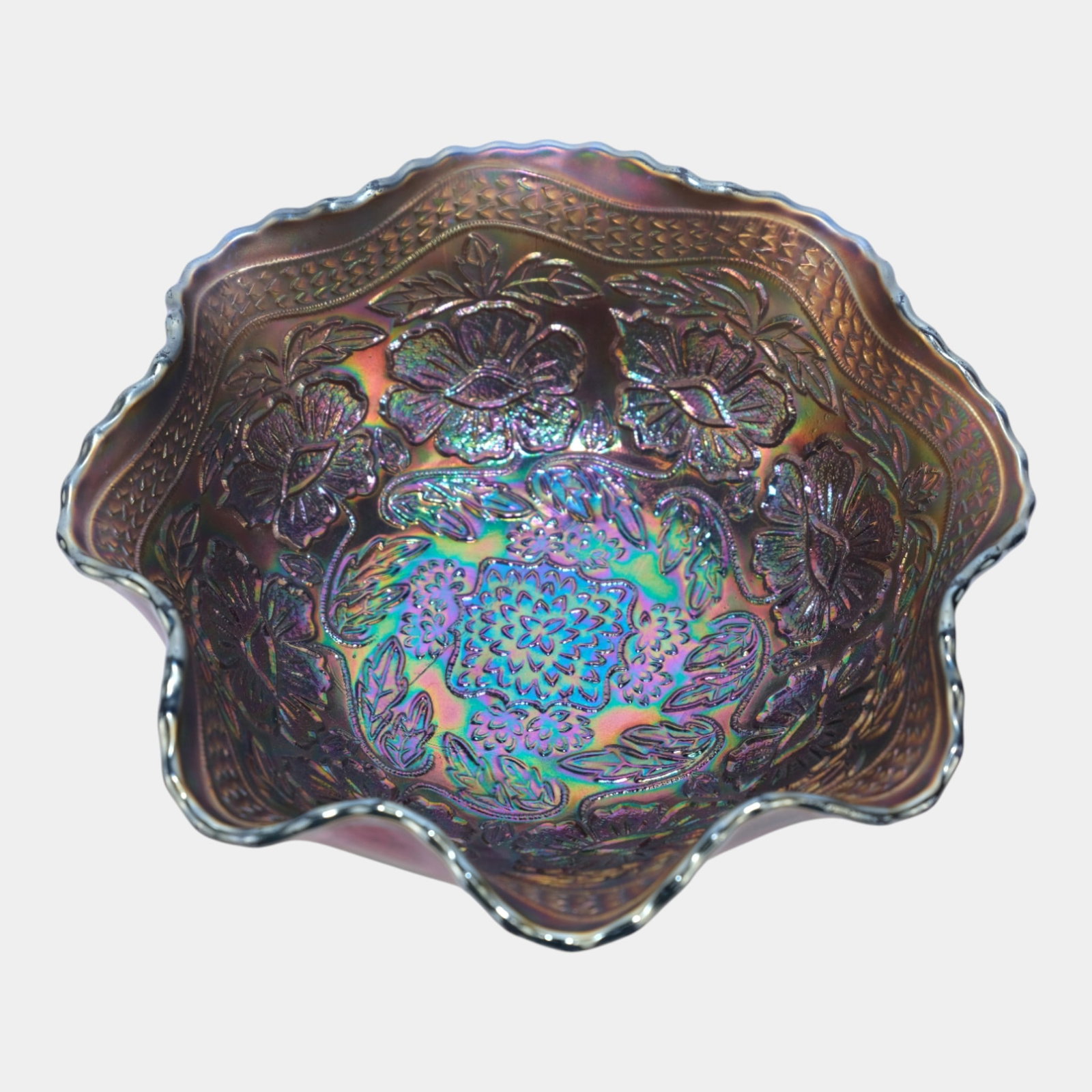 Fenton 1910s "Two Flower" Cobalt Blue Iridescent Carnival Glass Tri-Footed Bowl (1 of 3)