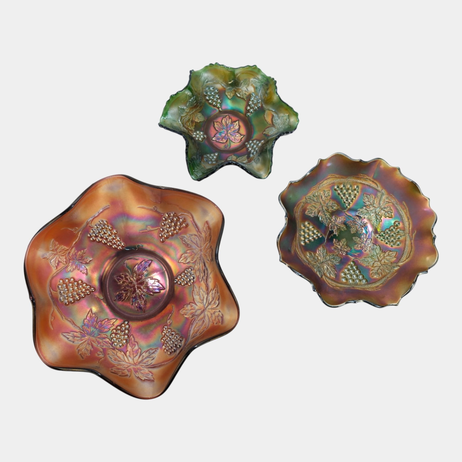 Fenton 1910s Iridescent Carnival Glass Leaves and Grapes Set of 3 Bowls (1 of 3)