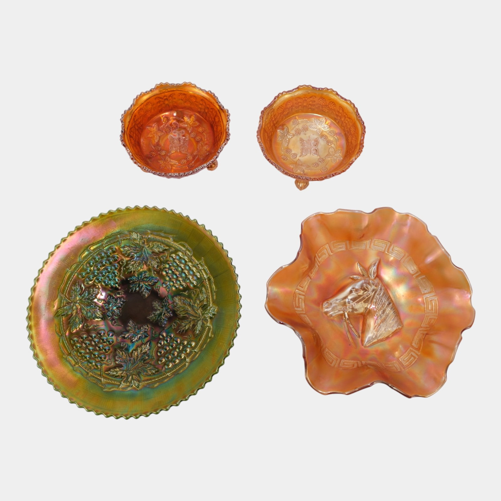 Dugan Northwood And Imperial Green And Marigold Carnival Glass Set of 4 Bowls (1 of 3)