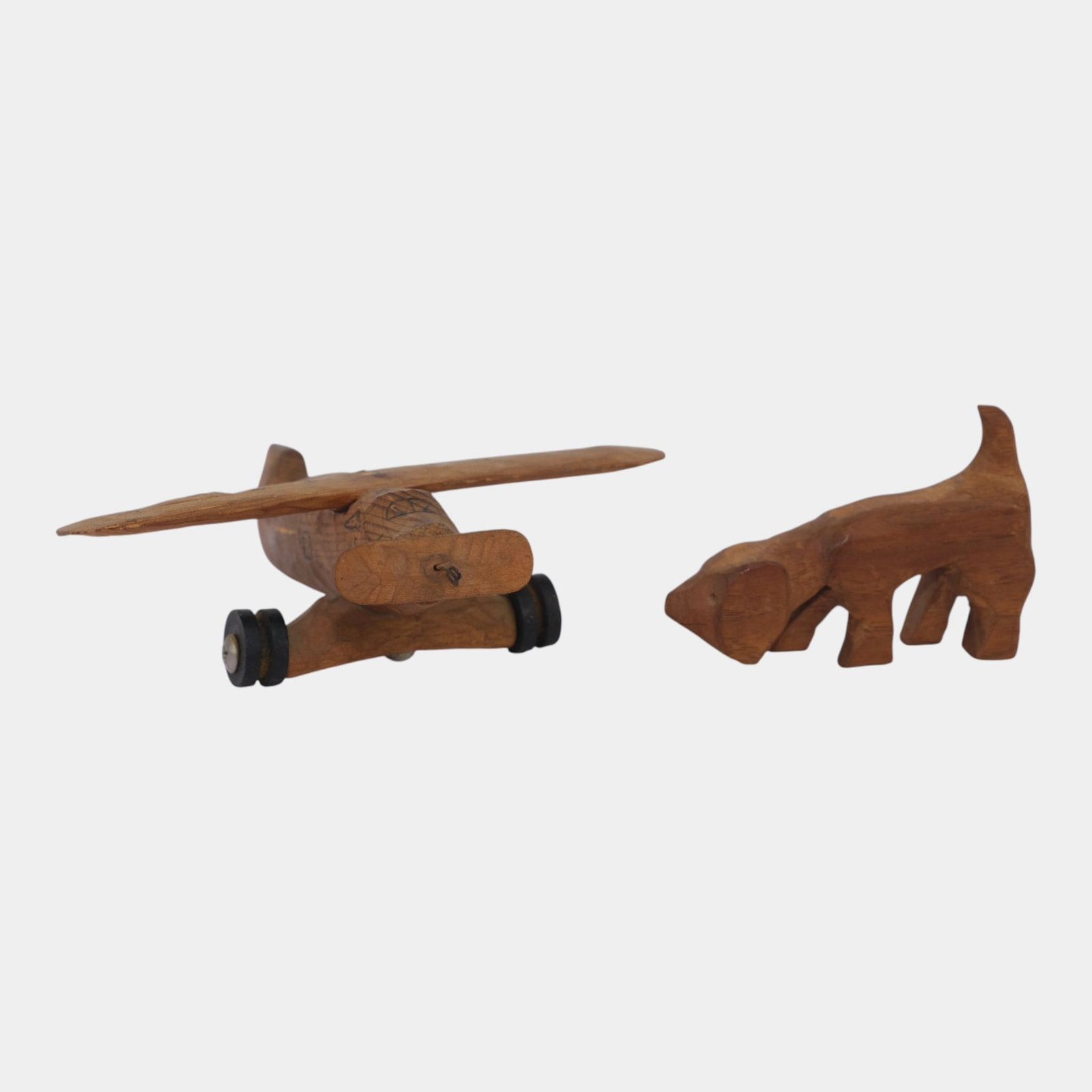 Folk Art Vintage Wooden Hand Carvings Of A Turning Propeller Delta Plane And Dog (1 of 5)