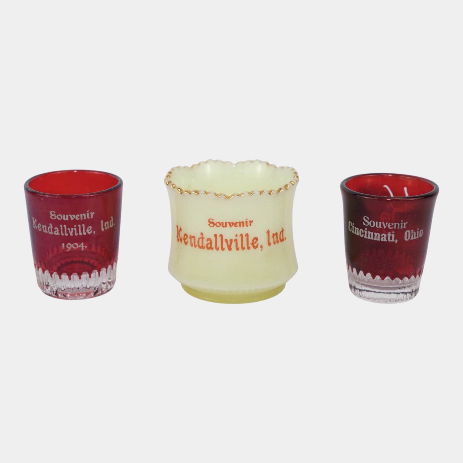 Custard Ruby Red Flash Indiana Ohio Souvenir Glass Cups Toothpick Holders (1 of 4)