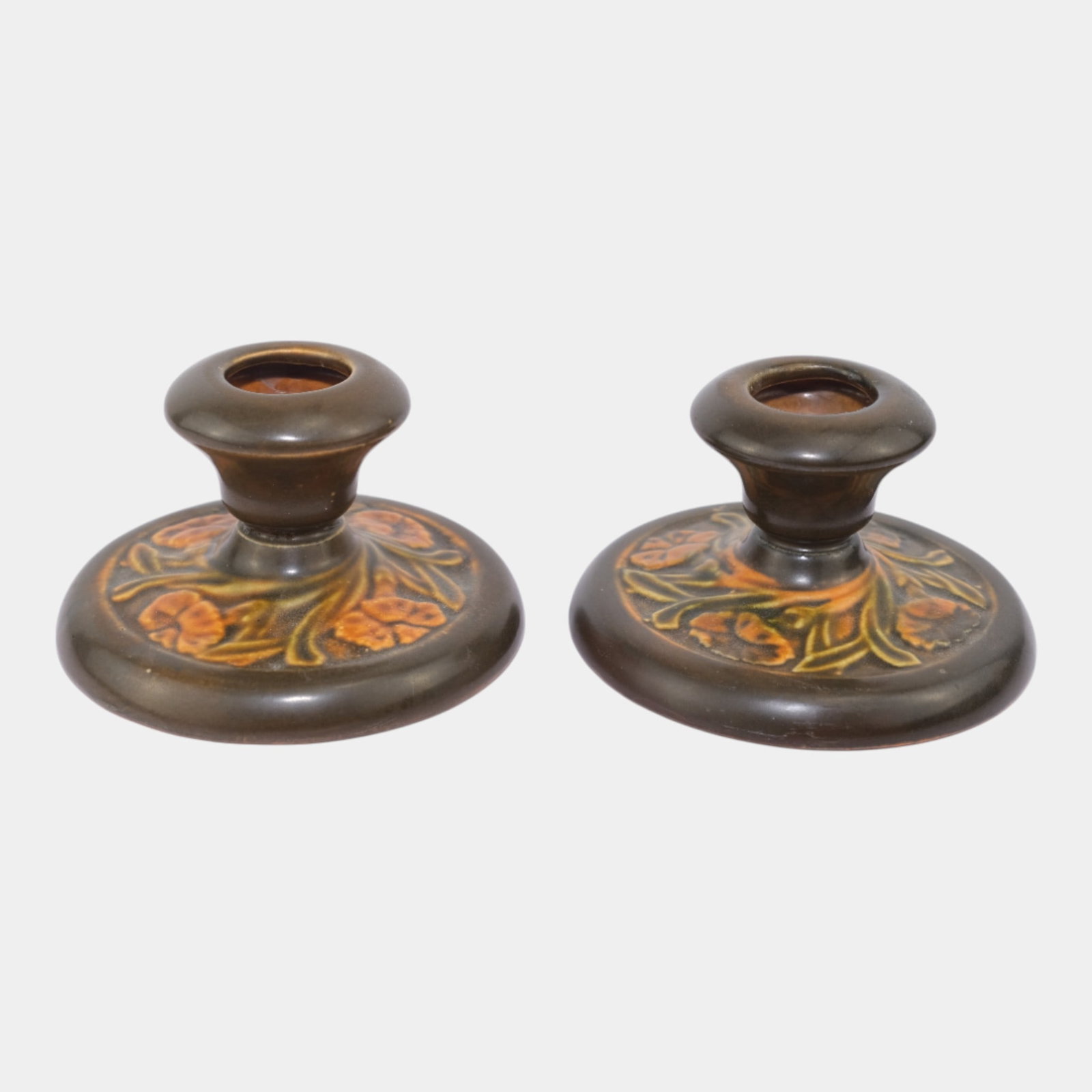Roseville Rosecraft Panel Brown 1926 Vintage Pottery Candle Holders: We offer affordable in-house shipping on all items. Roseville Rosecraft Panel Brown 1926 Vintage Pottery Candle Holders Good mold and color. Shows well with cleanly reattached neck to one. No other ch