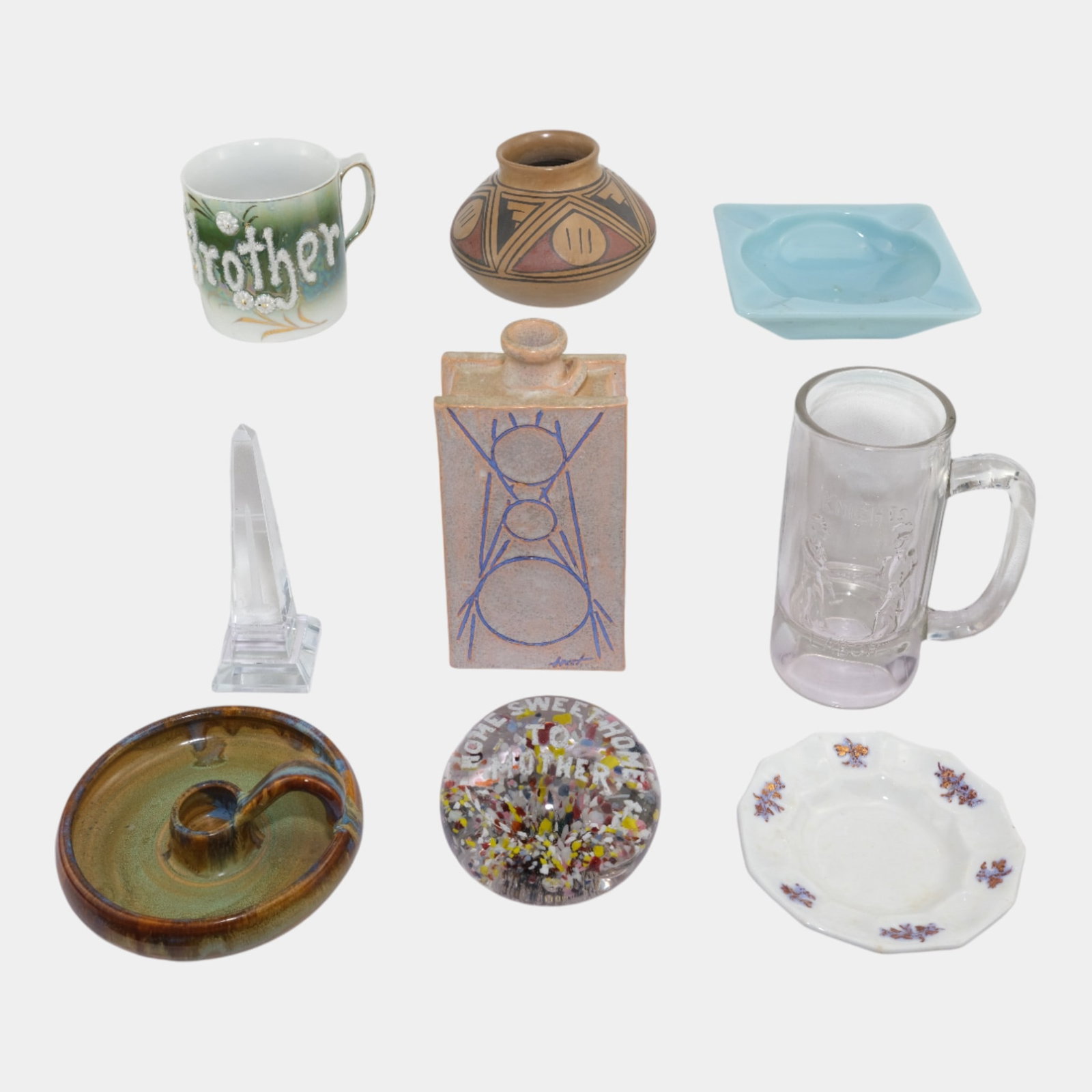 Lot of Miscellaneous Glass Mug Paperweight Vase: We offer affordable in-house shipping on all items. Lot of Miscellaneous Glass Mug Paperweight Vase Excellent condition. Age related wear. Bottoms marked as shown. Tallest piece is 7" tall and 3 1/4" 