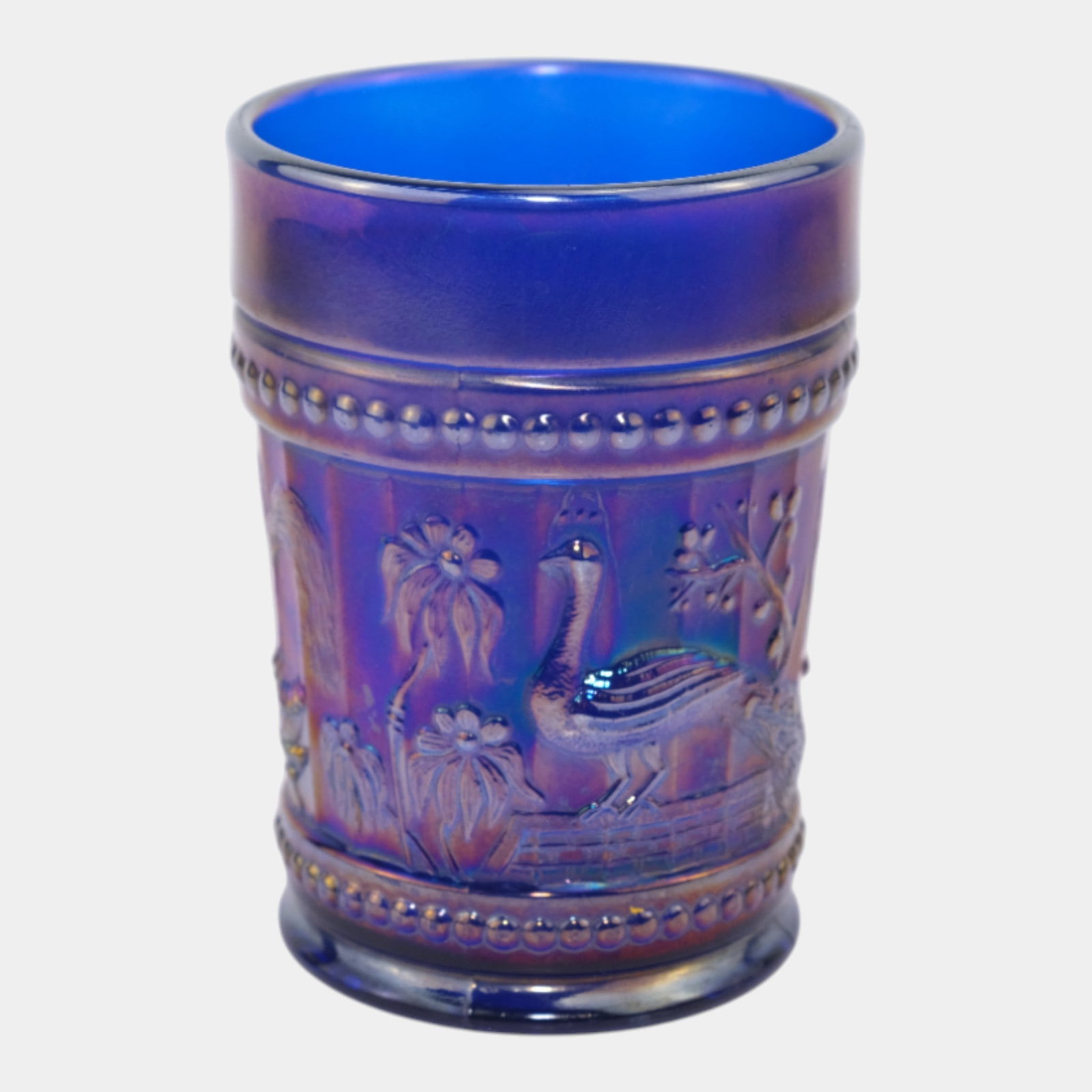 Northwood Cobalt Blue Carnival Glass Peacock At The Fountain Tumbler Glass: We offer affordable in-house shipping on all items. Northwood Cobalt Blue Carnival Glass Peacock At The Fountain Tumbler Glass Excellent condition. No chips, cracks, damage or repair of any kind. Bott