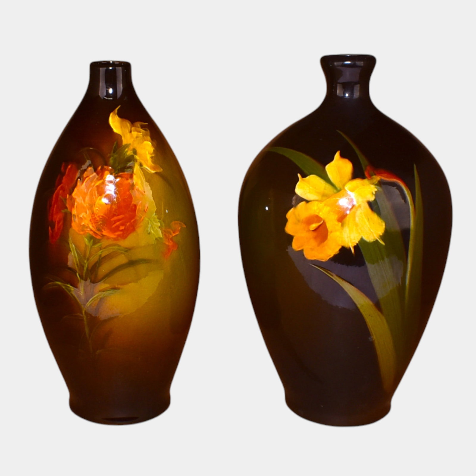 Owens Utopian Early 1900s Hand Painted Floral Vases: We offer affordable in-house shipping on all items. Owens Utopian Early 1900s Hand Painted Floral Vases Nice sized forms with great color and artwork. Excellent condition. Age related wear. Tallest pi