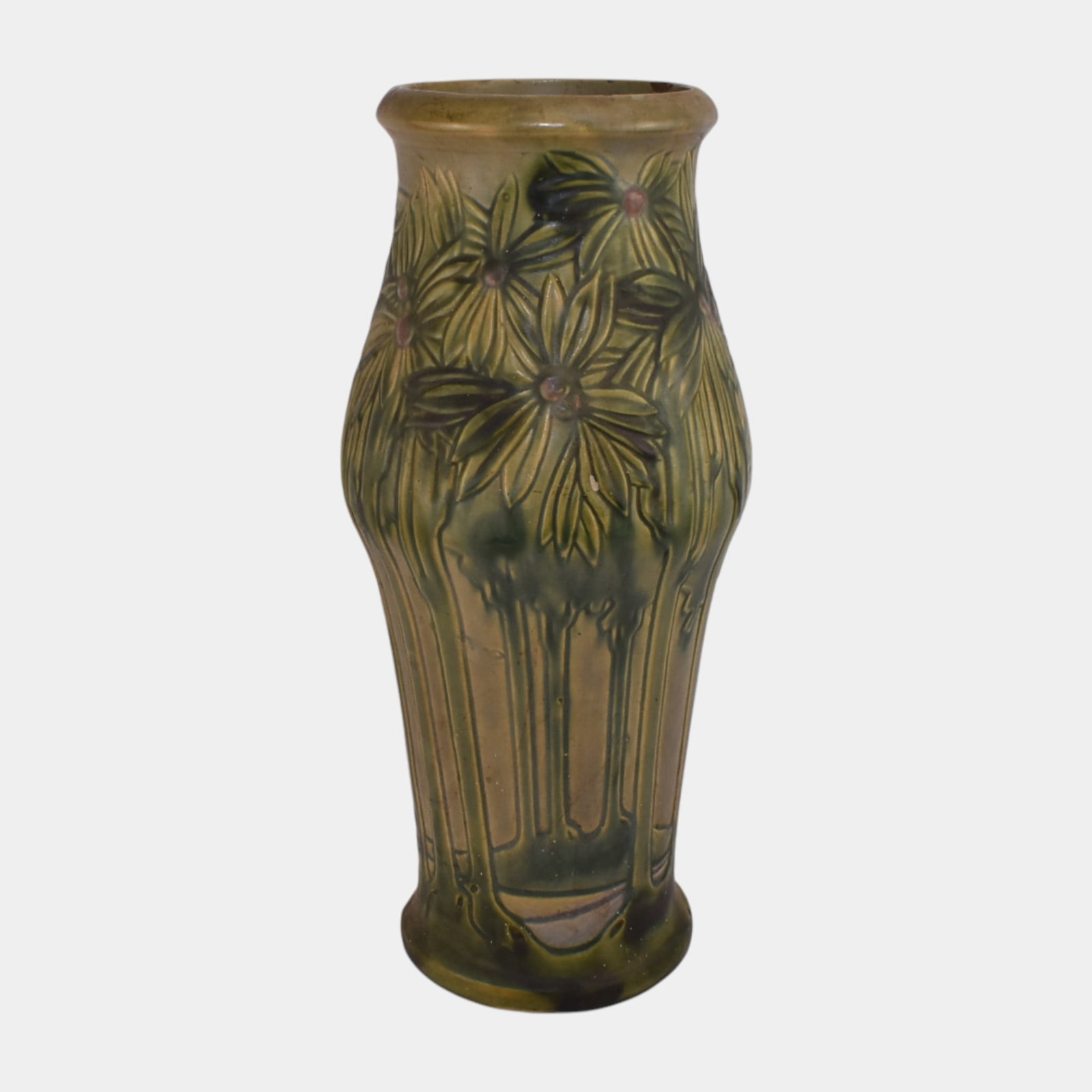 Roseville Vista 1920 Vintage Arts And Crafts Pottery Ceramic Floor Vase 121-18: We offer affordable in-house shipping on all items. Chips to base and rim. Age related wear. Item is 18" tall and 8" wide.