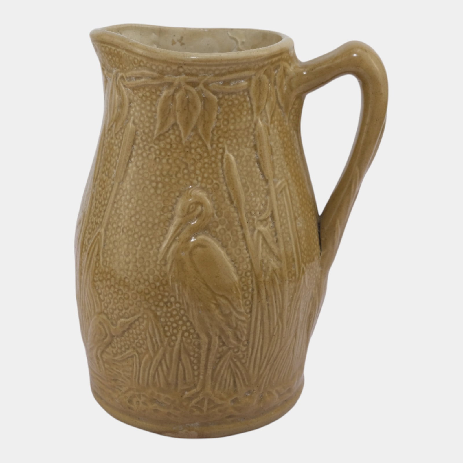 Macomb Vintage Stoneware Pottery Brown Cattail Stork Ceramic Pitcher: We offer affordable in-house shipping on all items. Macomb Vintage Stoneware Pottery Brown Cattail Stork Ceramic Pitcher Shows well with tight hairline and chips to rim as shown. No other chips, crack