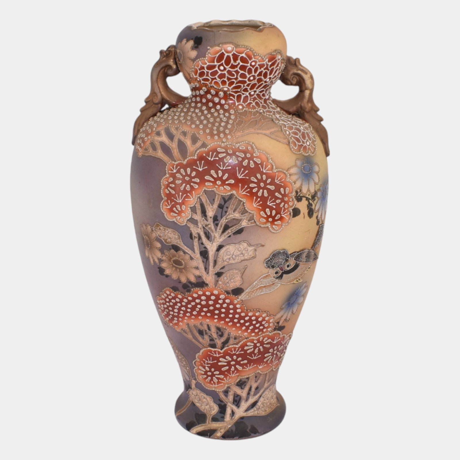 Japanese Art Pottery Moriage Red Trees And Owl Gold Gilt Handled Vase: We offer affordable in-house shipping on all items. Japanese Art Pottery Moriage Red Trees And Owl Gold Gilt Handled Vase Excellent condition. Shows well with minor hairline to rim and factory separat
