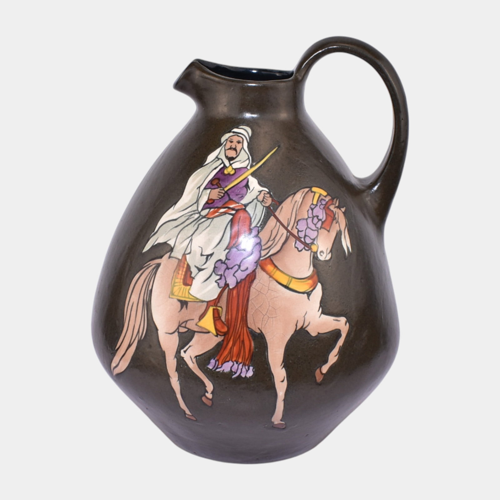 Stellmacher Teplitz Austrian Brown Glaze Persian Man on Horse Ceramic Pitcher: We offer affordable in-house shipping on all items. Stellmacher Teplitz Austrian Brown Glaze Persian Man on Horse Ceramic Pitcher Excellent condition. Pitcher has non-showing hairline to base. No othe