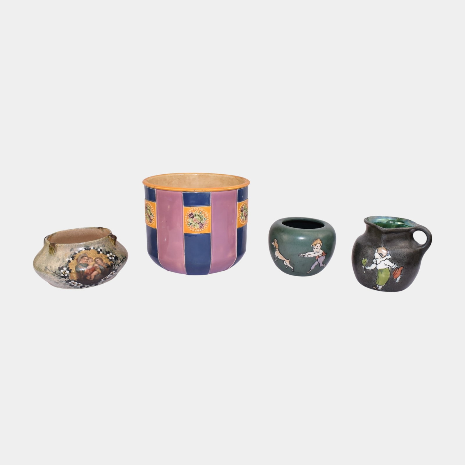 Eichwald And Stellmacher Teplitz European Art pottery Vases Planter Pitcher: We offer affordable in-house shipping on all items. Eichwald And Stellmacher Teplitz European Art pottery Vases Planter Pitcher Green vase has chip to body. Age related wear. Tallest piece is 5 1/2" t