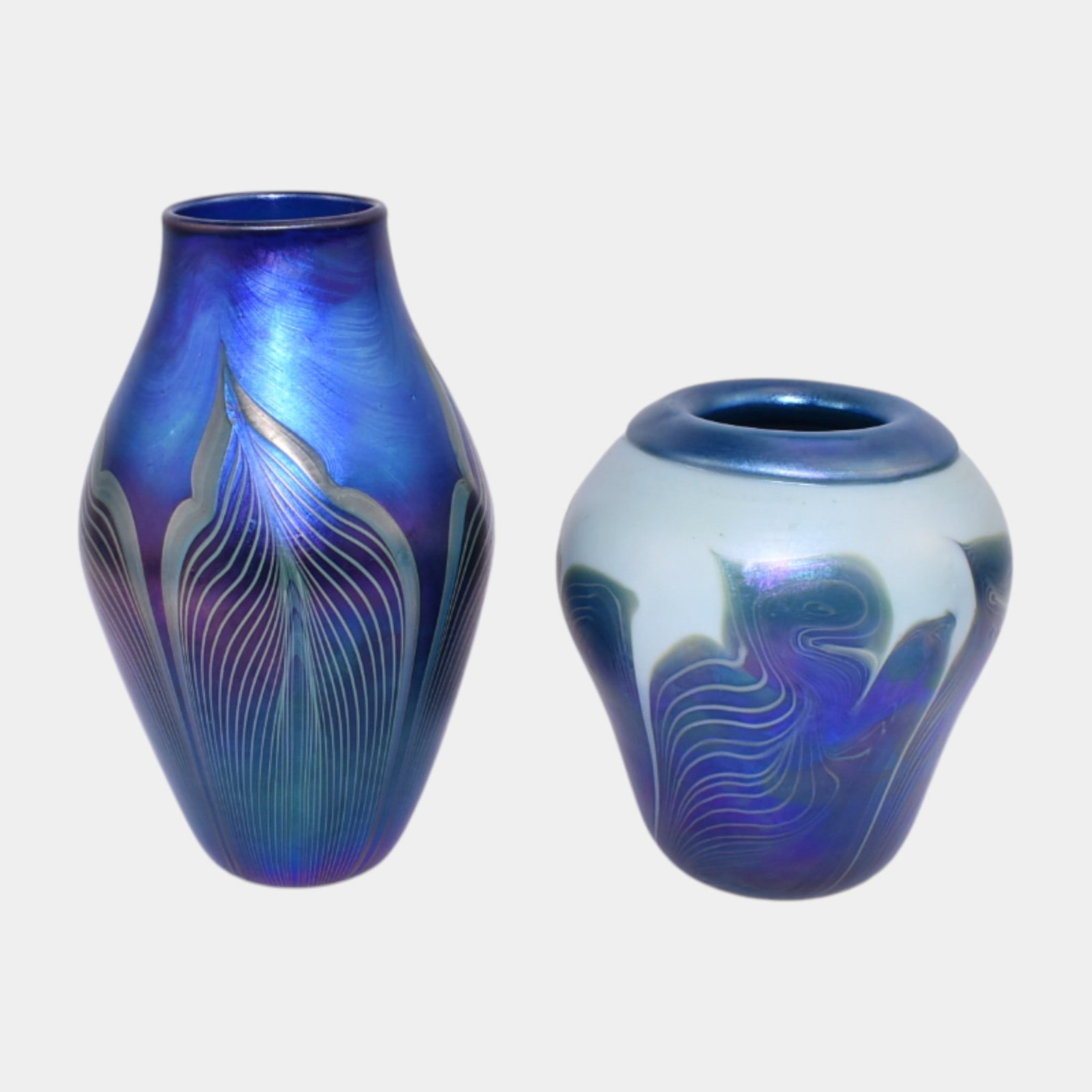 John Cook And Other Signed Iridescent Blue Pulled Feather Art Glass Vases (1 of 6)