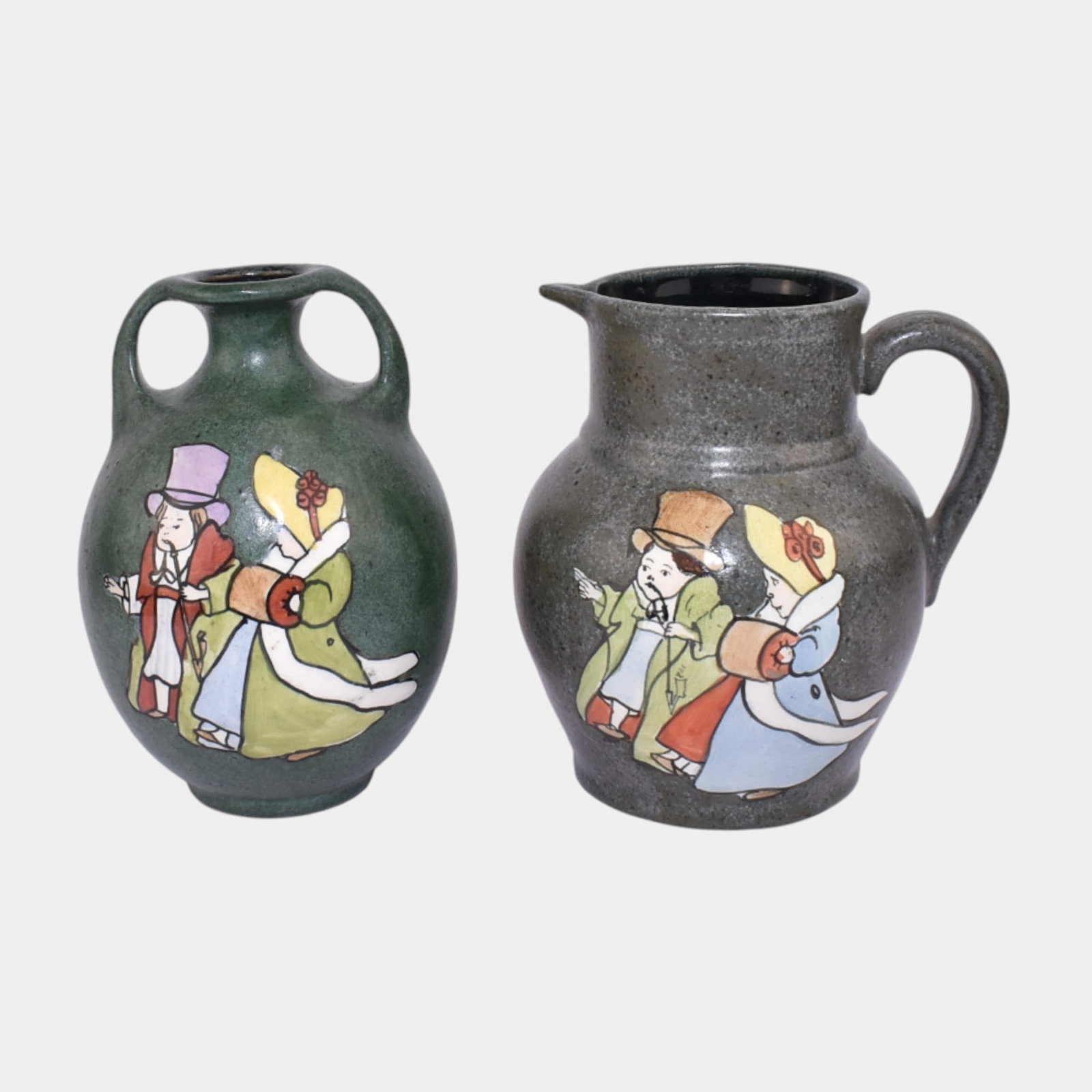 Stellmacher Teplitz Austrian Gray Green Walking Couple Handled Bud Vase Pitcher: We offer affordable in-house shipping on all items. Stellmacher Teplitz Austrian Gray Green Walking Couple Handled Bud Vase Pitcher Excellent condition. No chips, cracks, damage or repair of any kind.