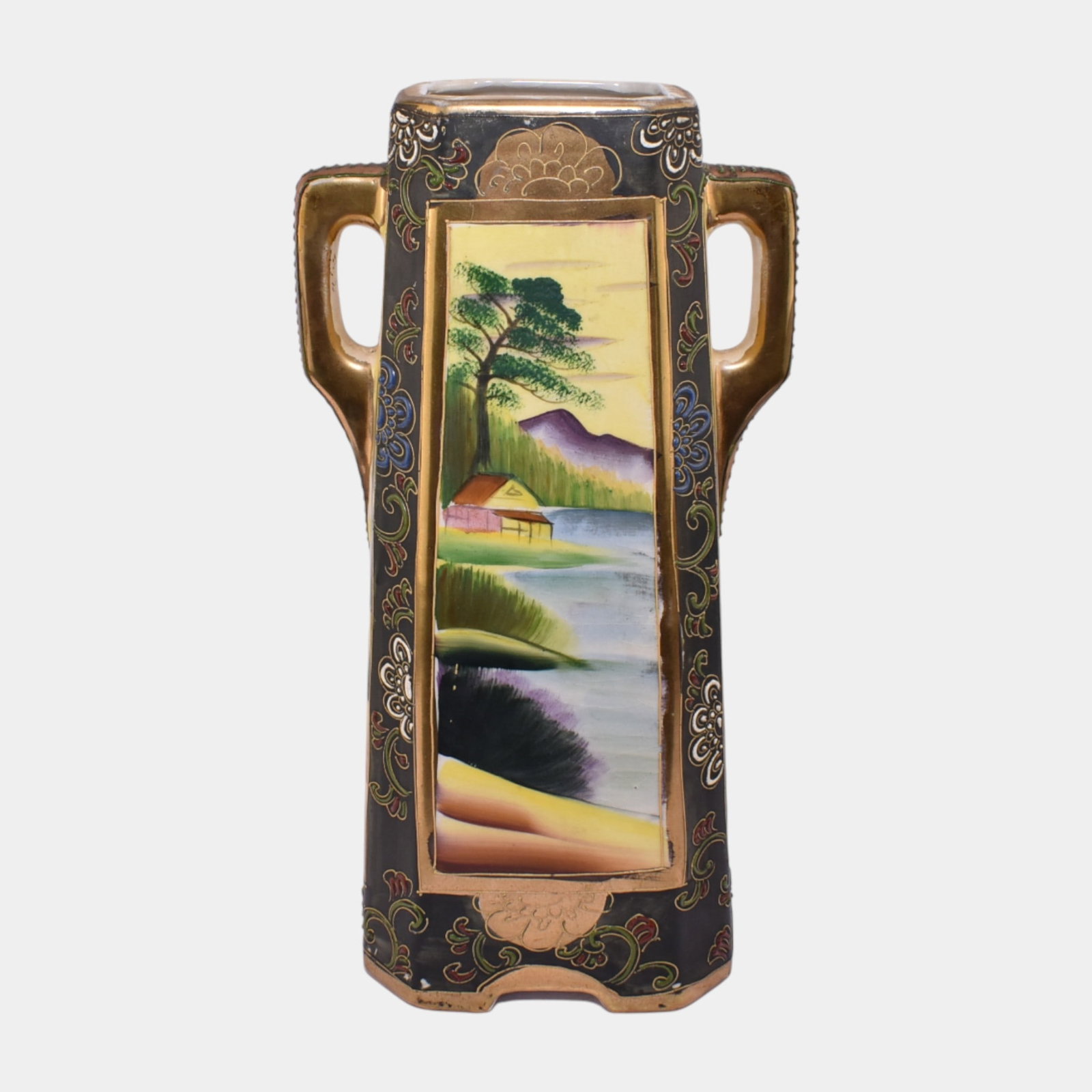 Miyako Japanese Hand Painted Scenic Landscape Gold Gilt Paneled Handled Vase (1 of 3)