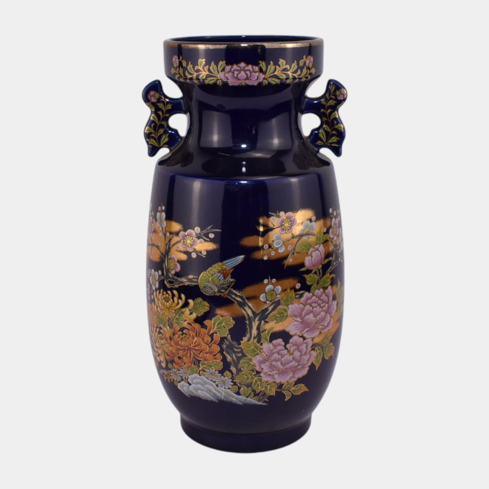 Chinese Cobalt Blue Floral Decorated Bird On Branch Double Handled Vase (1 of 3)