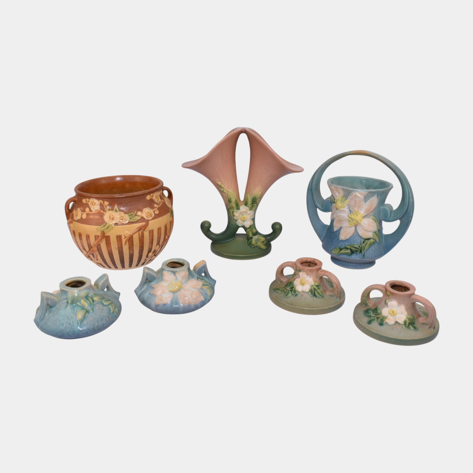 Roseville White Rose Water Lily Cherry Blossom Vases Basket Candleholders (1 of 4)