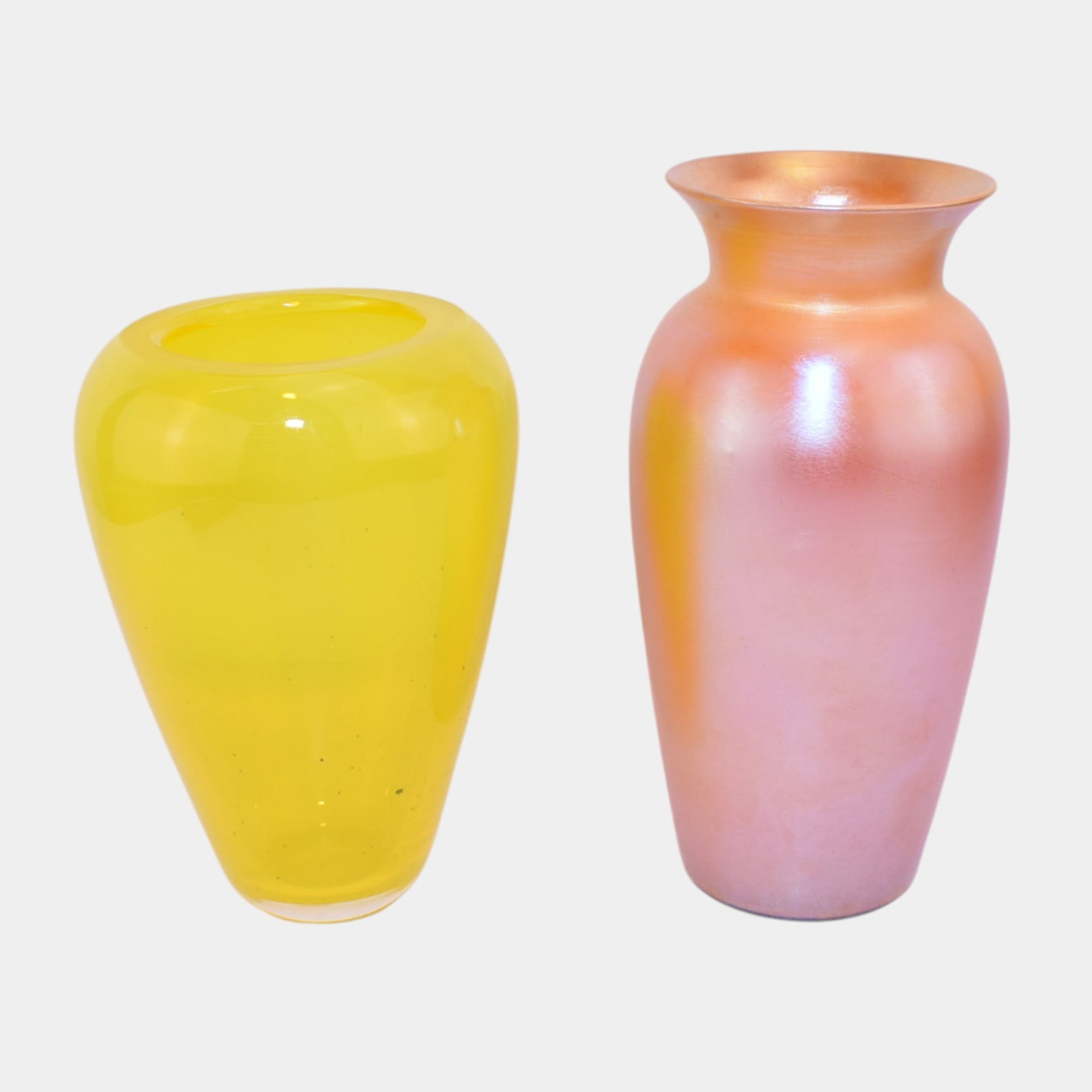 Zac Gorell Vintage Vivid Yellow Art Glass Vase With Iridescent Orange Glass Vase: We offer affordable in-house shipping on all items. Zac Gorell Vintage Vivid Yellow Art Glass Vase With Iridescent Orange Glass Vase Nice mold and color. Excellent original condition. No chips, cracks