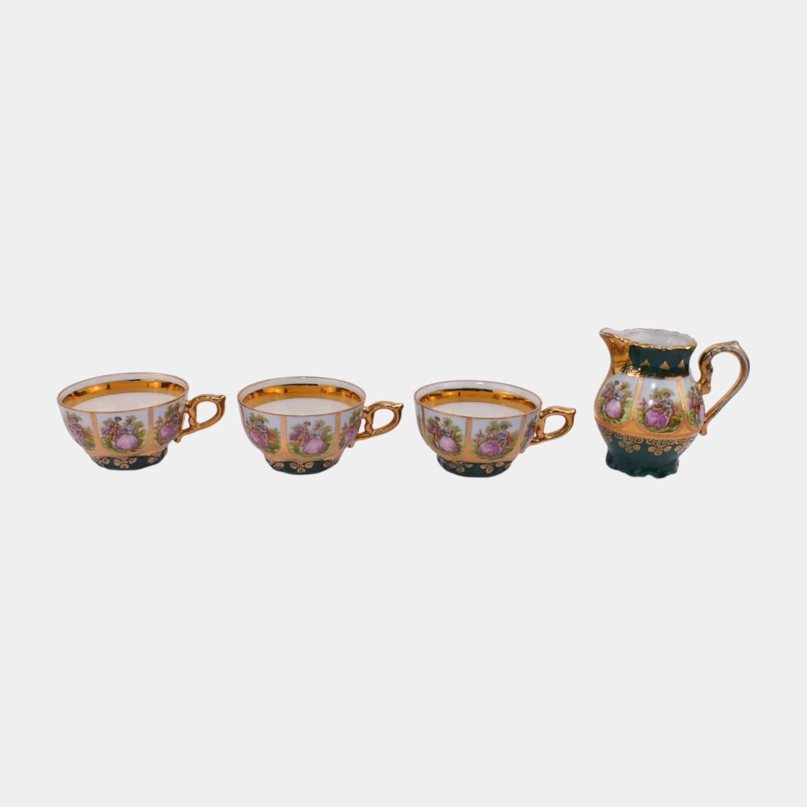 Western Germany Green Romantic Paneled Gold Gilt Teacups And Creamer: We offer affordable in-house shipping on all items. Western Germany Green Romantic Paneled Gold Gilt Teacups And Creamer Excellent original condition. No chips, cracks, damage or repair of any kind. T