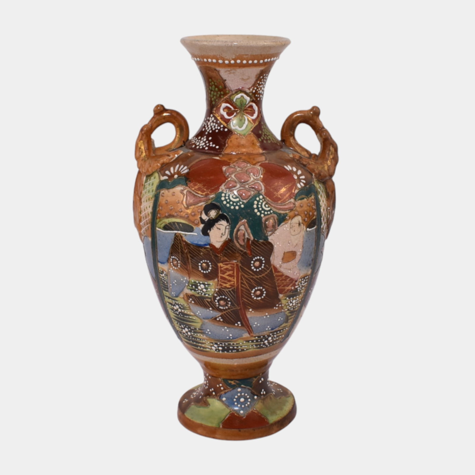 Japanese Satsuma Ware Moriage Accented Decorative Geisha Floral Handled Vase (1 of 3)